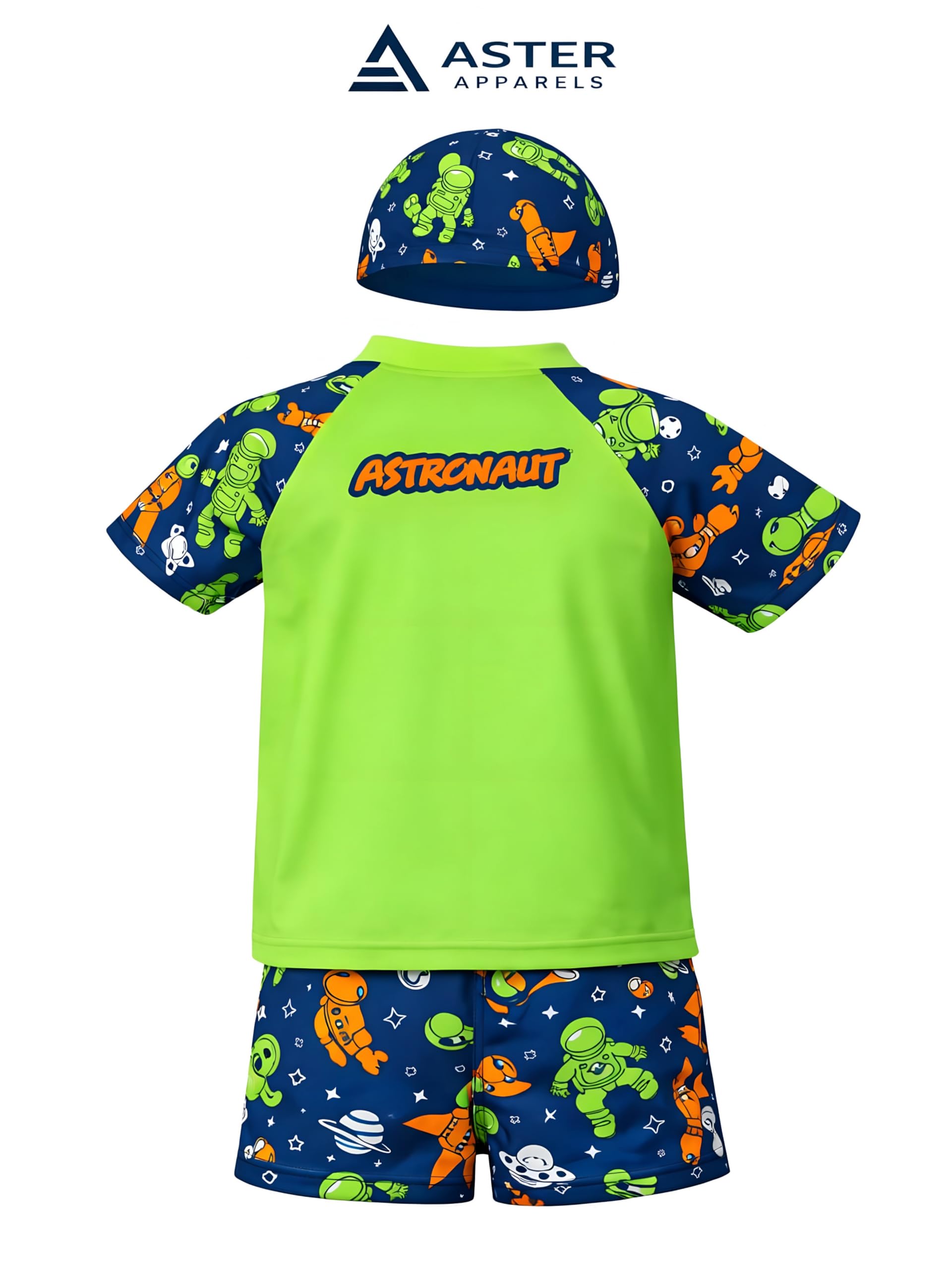 ASTER APPARELS Girls 3-Piece Swim Set with Galactic Astronaut and Happy Dinosaur Print, Quick Dry Polyester Spandex, Ages 2-13 Years (in, Age, 3 Years, 4 Years, Regular, Green) 1