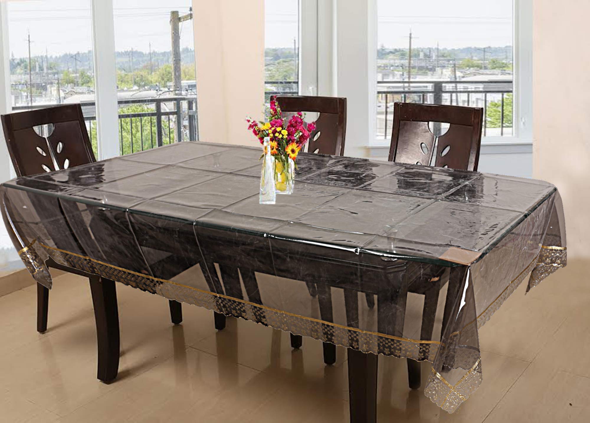 Kuber Industries PVC Golden Lace Rectangular 6 Seater Dining Table Cover (CTKTC01272, Black Transparent)(Polyvinyl Chloride (PVC), Pack of 1)
