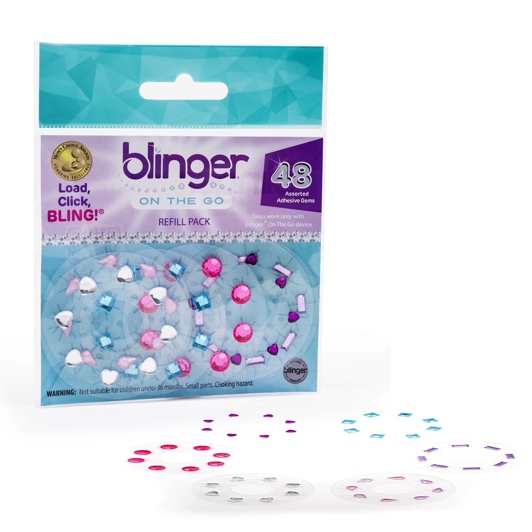 blingerOn The Go Mini Refill Pack – Sweet | 6 Mini Discs – 48 Rhinestones | Bling in Brush Out | Works Mini Hair Styling Tool (Multicolored)