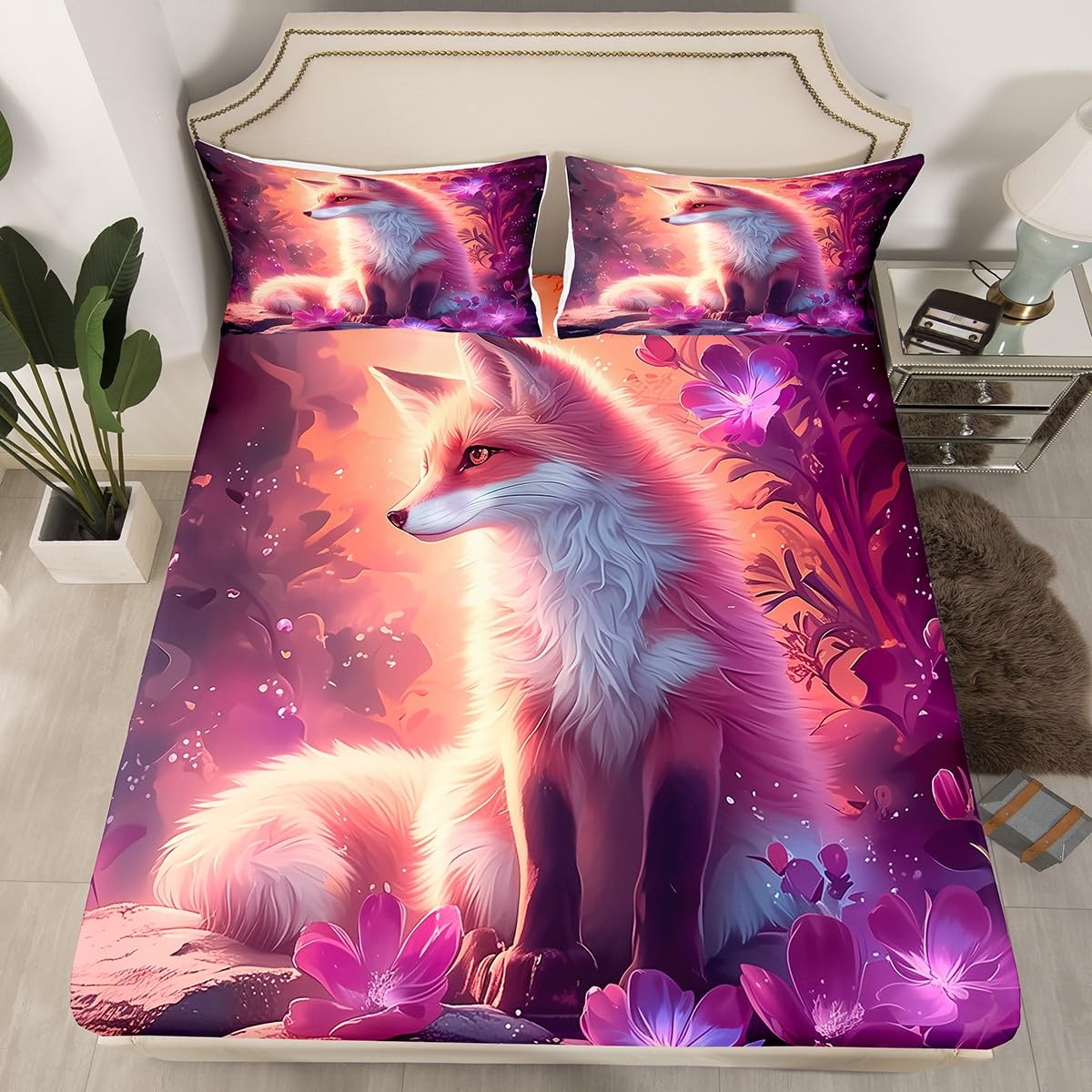 Lovely Fox Fitted Sheet Twin Size for Bedroom Decor Glitter Purple Floral Bedding Set Girls Boys Adults Cute Wild Animal Bed Cover Mysterious Jungle
