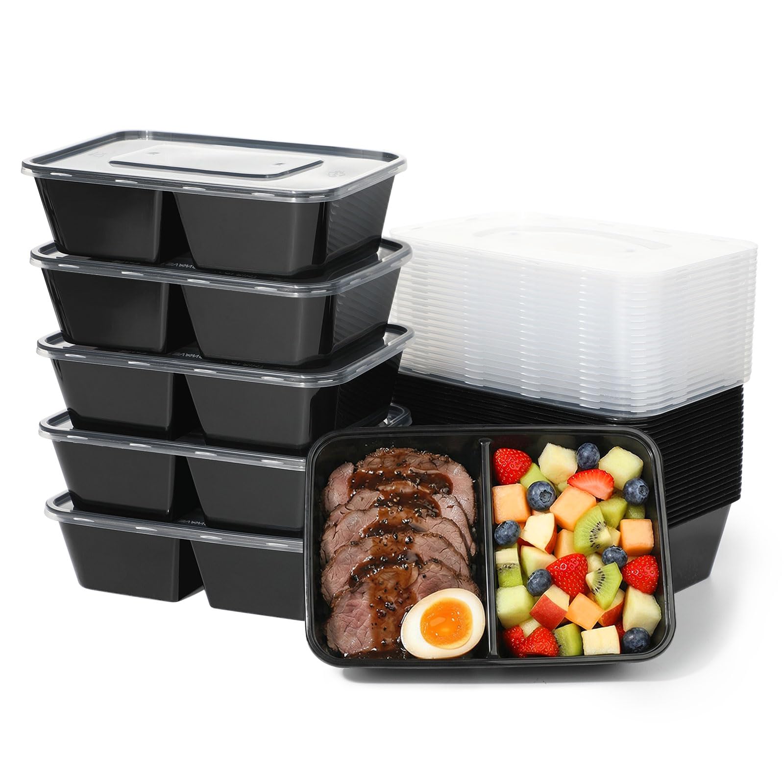 Jogoico 25 Pack Meal Prep Containers 2 Compartment Reusable Snack Pots Divided Food Storage Tray with Lids Microwave Freezer Safe Snacks Boxes Stackable Portion Control for School Picnic Office 650ML