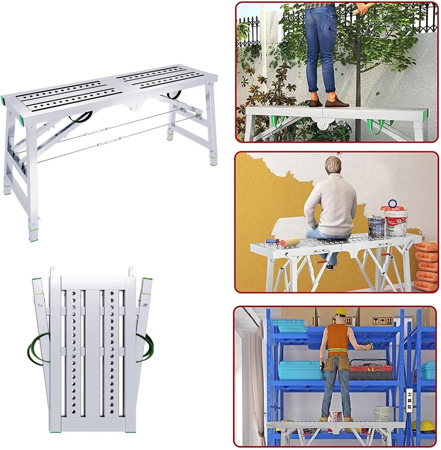 Work Platform Folding Scaffolding Equipment,Adjustable Height Work Platform,Galvanized Steel Ladder Heavy Duty Bench for Cleaning,Car Washing(120cm/3.9ft)