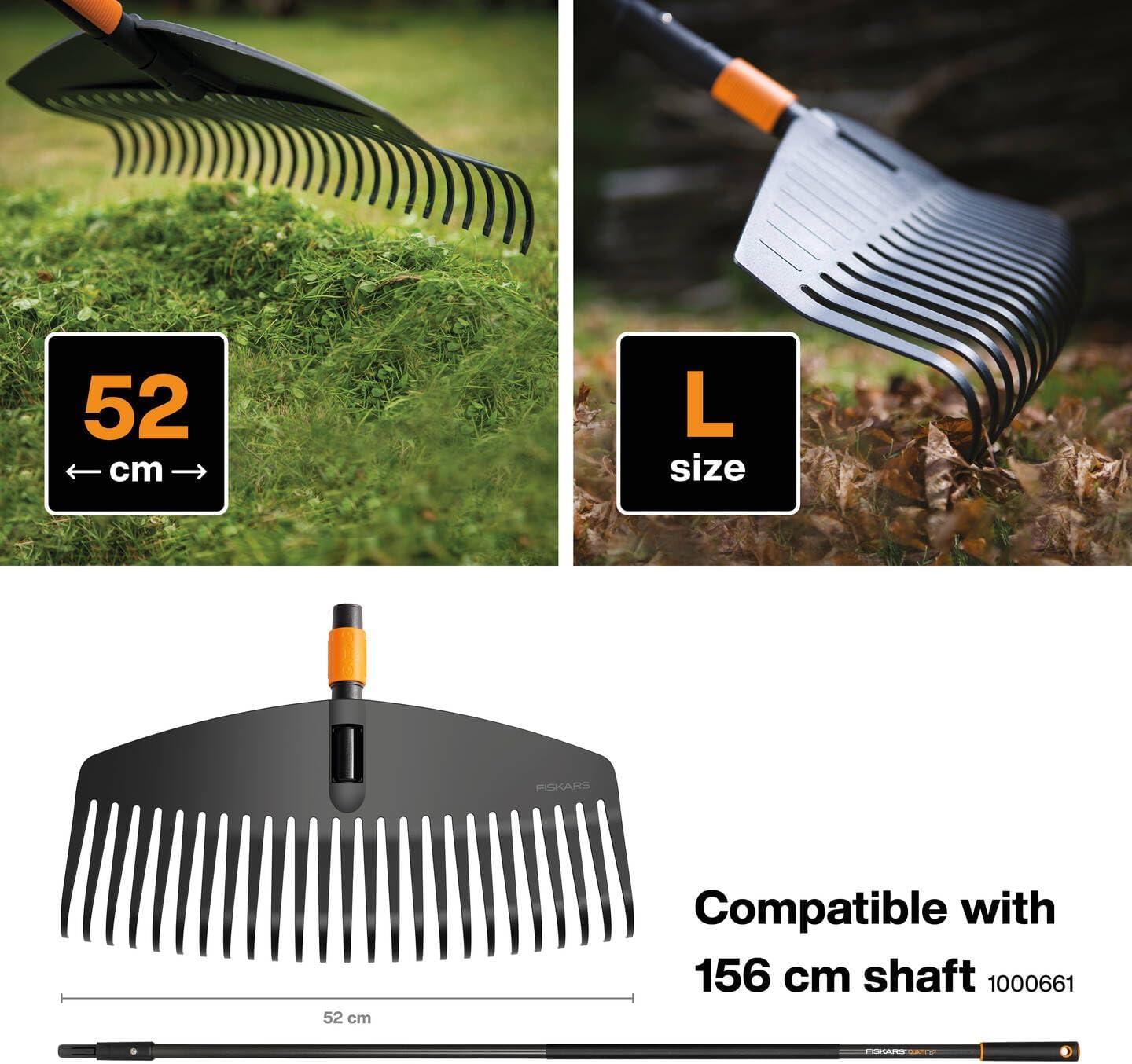 Fiskars QuikFit Leaf Rake L, Tool Head, 25 prongs, Length: 50 cm, Plastic prongs, Black/Orange, 1000642