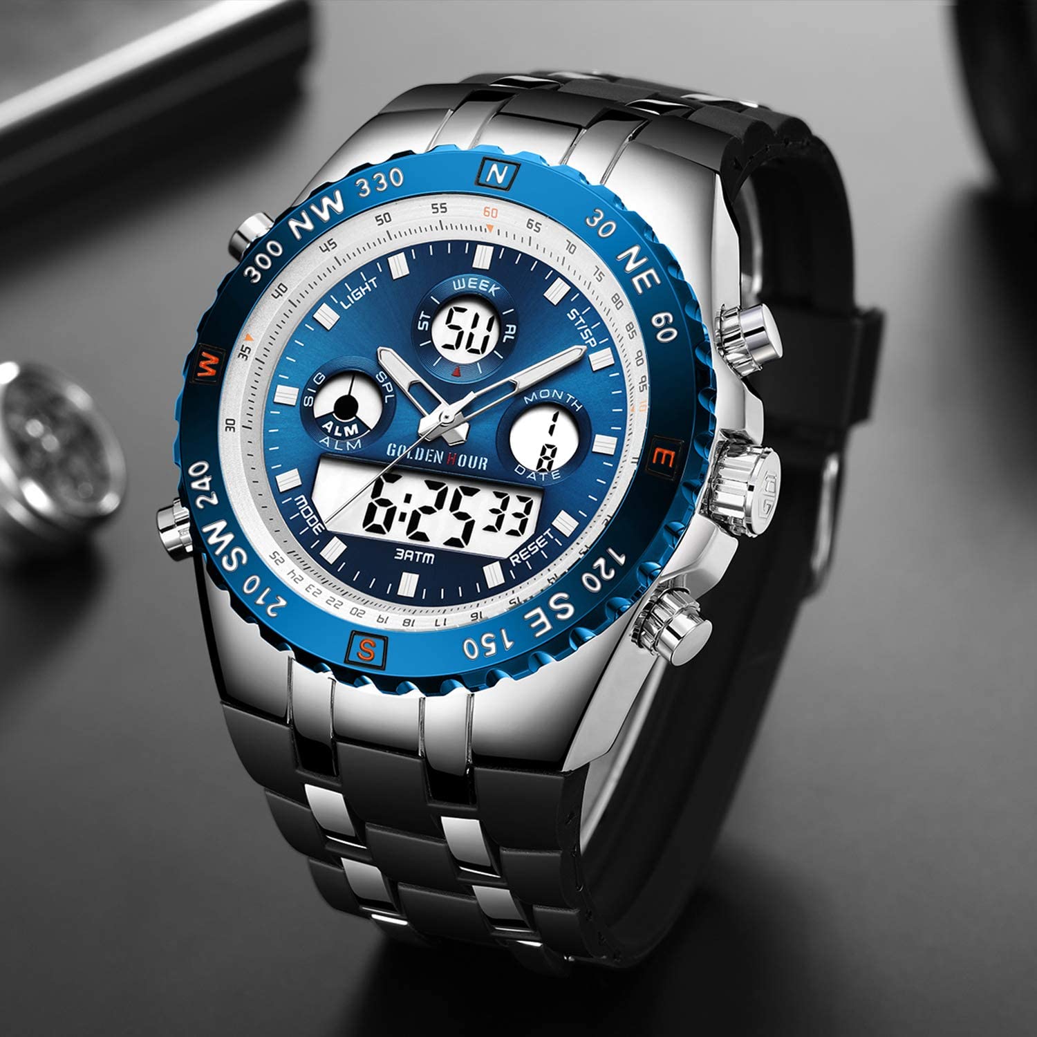 Reloj de Pulsera Deportivo para Hombre, Resistente al Agua, cronómetro, Fecha, Alarma, Luminoso, Digital, analógico, Militar, con Correa de Goma