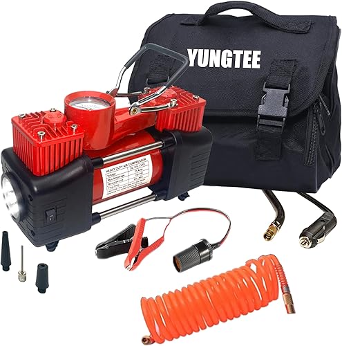 YUNGTEE Inflador de neumáticos, bomba de inflado de accionamiento directo de doble cilindro resistente, bomba de compresor de aire portátil de 12 V