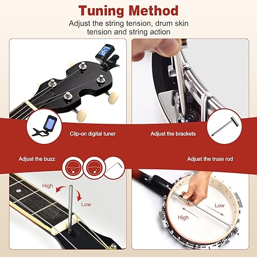 Miniatura 5 de Costzon Banjo de 5 cuerdas 24 soporte con 5 sintonizador engranado y mango cerrado de rango medio, kit para principiantes con bolsa de tela Oxford