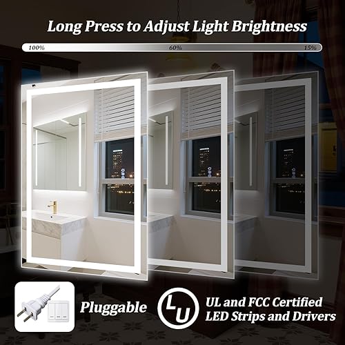 Miniatura 4 de Espejo de baño LED con luces, espejos de pared de 36 x 24 pulgadas con antiempañamiento, regulable, retroiluminado + luz frontal, 3 modos de color,