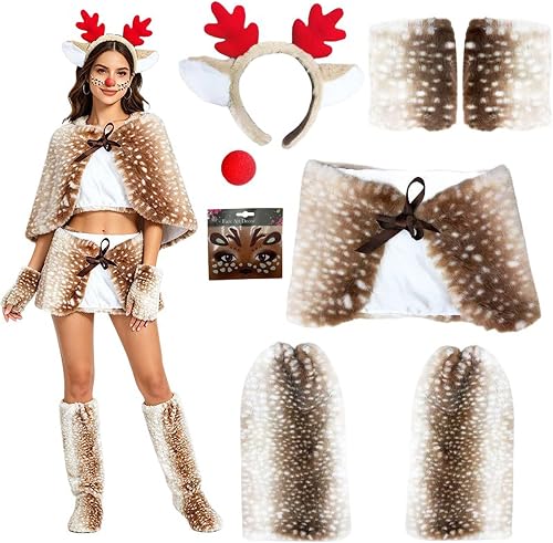 4 Pcs Christmas Deer Costume For Women Deer Antlers Headband Leg Warmer Set | Faux Fur Halter cape skirt leg warmers headband, Christmas Costume Set, Deer Costume for Women, Reindeer Animal Cosplay