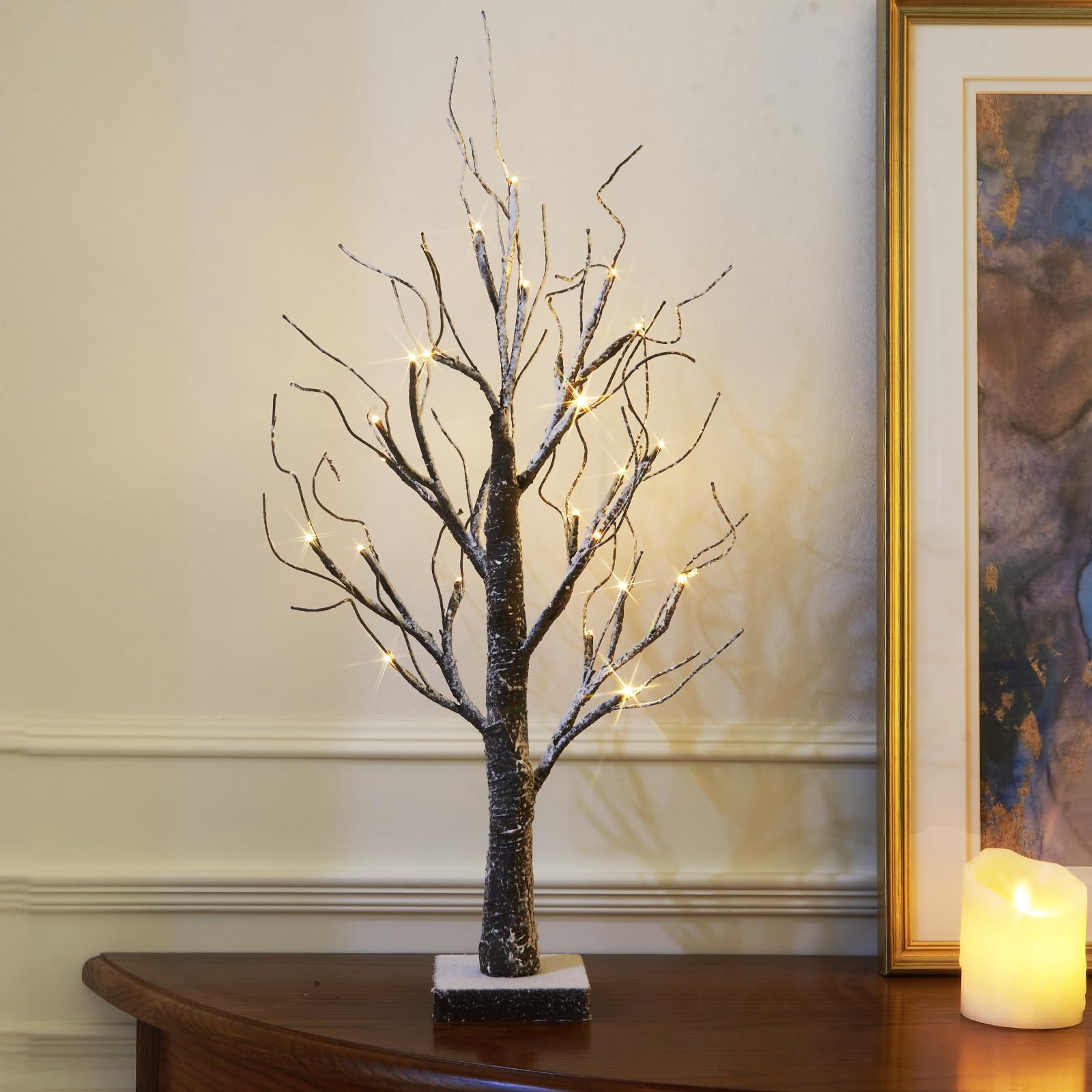 EAMBRITE Battery-Operated Snowy Twig Tree Lights with 24 Warm White LEDs Tabletop Christmas Tree Decor for Indoor use (60cm/2ft)