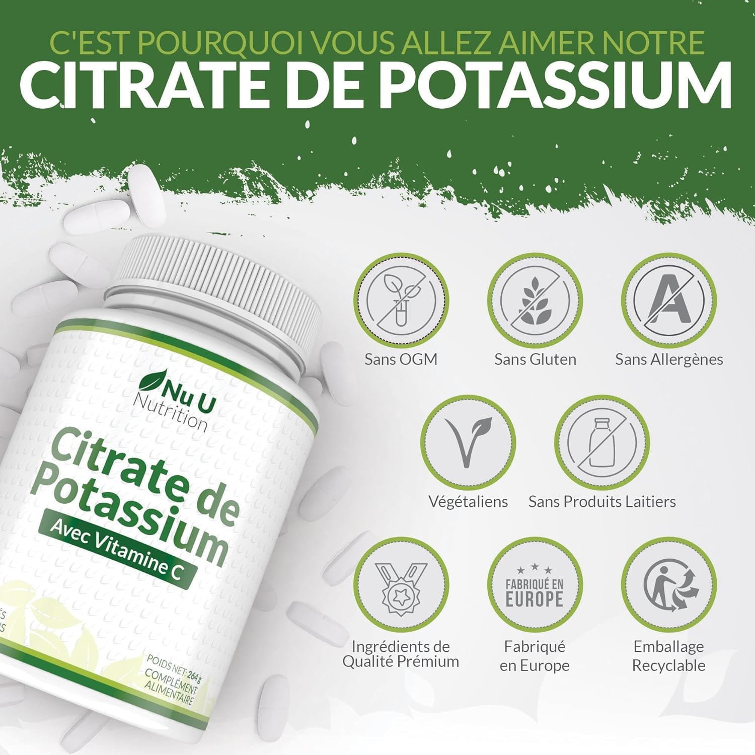 Potassium 1550mg & Vitamine C - 240 Comprimés Végétaliens - 4 Mois d’Approvisionnement - Citrate de Potassium à Forte Puissance - Support d'Électrolytes Naturels - Nu U Nutrition
