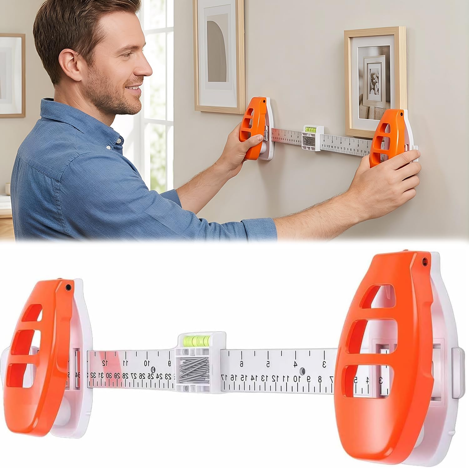 Level Ruler Bilder Aufhängung Tool mit Wasserwaage, 3-in-1 Präzisions Lineal mit Markierfunktion, Einfaches Bilder Aufhängen ohne Fehler, Vermeidet unnötige Löcher, für Rahmen, Spiegel & Wanddeko DIY