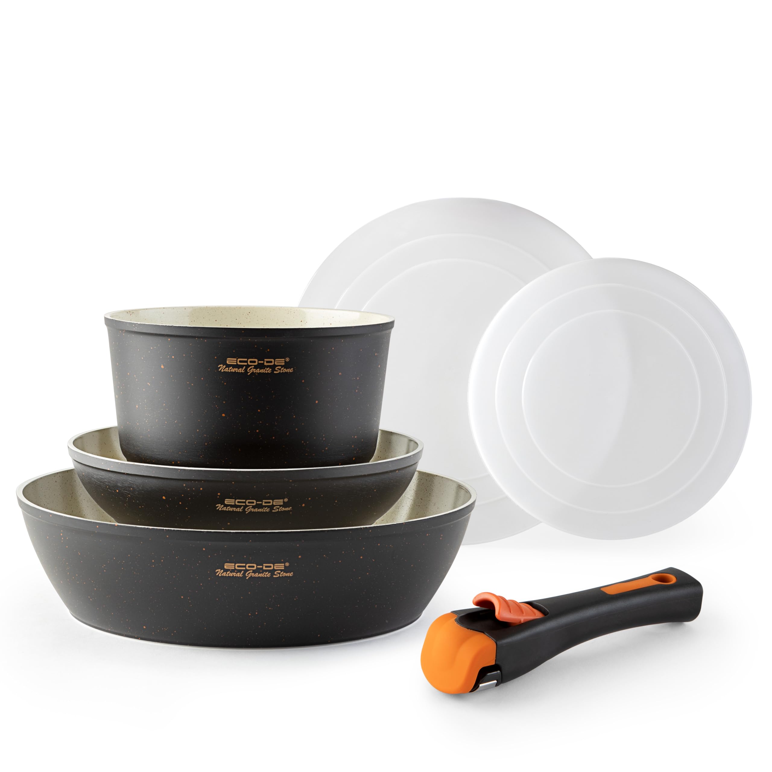 ECODE® Sartenes 20/​24/​28 cm con 2 Mango Extraible, Antiadherentes y Indicador de Temperatura Óptima - Aptas para Horno, Lavavajillas y Todas las Cocinas - Aluminio Fundido (cazo16cm + sarten20/​26cm)