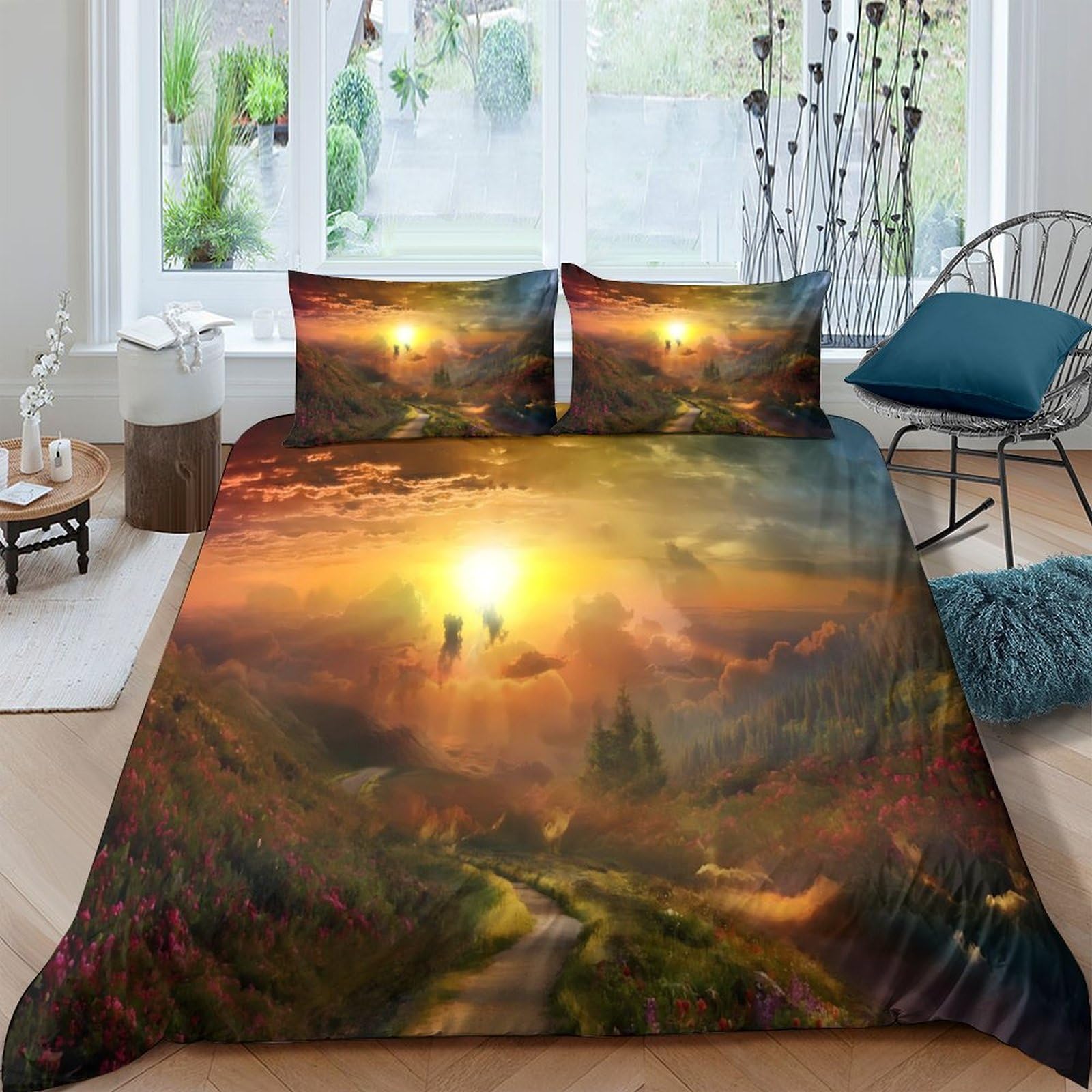Ctjqhvkz Style-8 3D Printed Sunset Landscape Fitted Sheet Microfiber Soft Breathable Sunrise Path Mattress Cover Bedroom Decor Single（135X200cm）