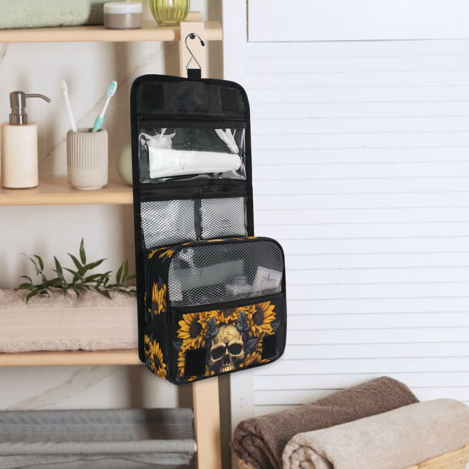 MNSRUU Neceser colgante de calavera y girasol, bolsa de maquillaje de viaje para artículos de tocador, organizador de artículos de aseo portátil, bolsas de cosméticos con gancho para colgar, Calavera