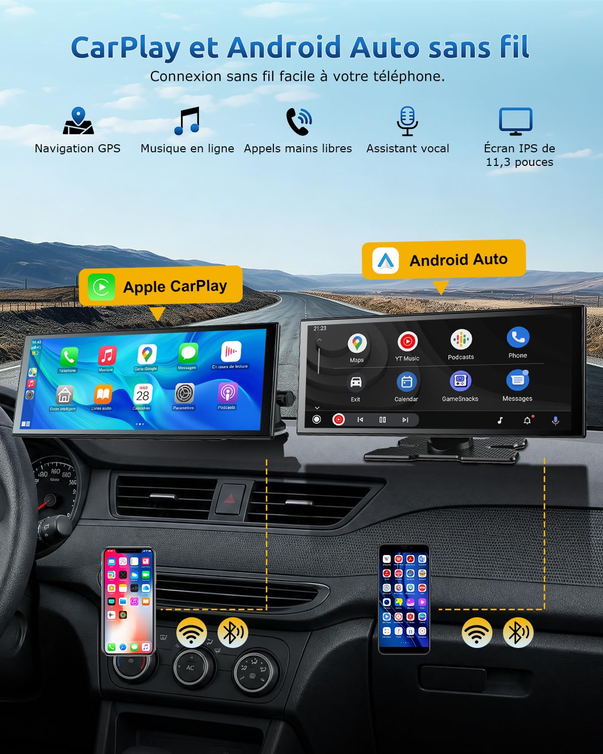 ESSGOO CarPlay Voiture, Supporte CarPlay sans Fil et Android Auto, Écran Tactile IPS 11,3 Pouces, Caméra Avant 4K et Caméra de Recul 1080P, Bluetooth 5.3, GPS, FM, AUX, Mirror Link
