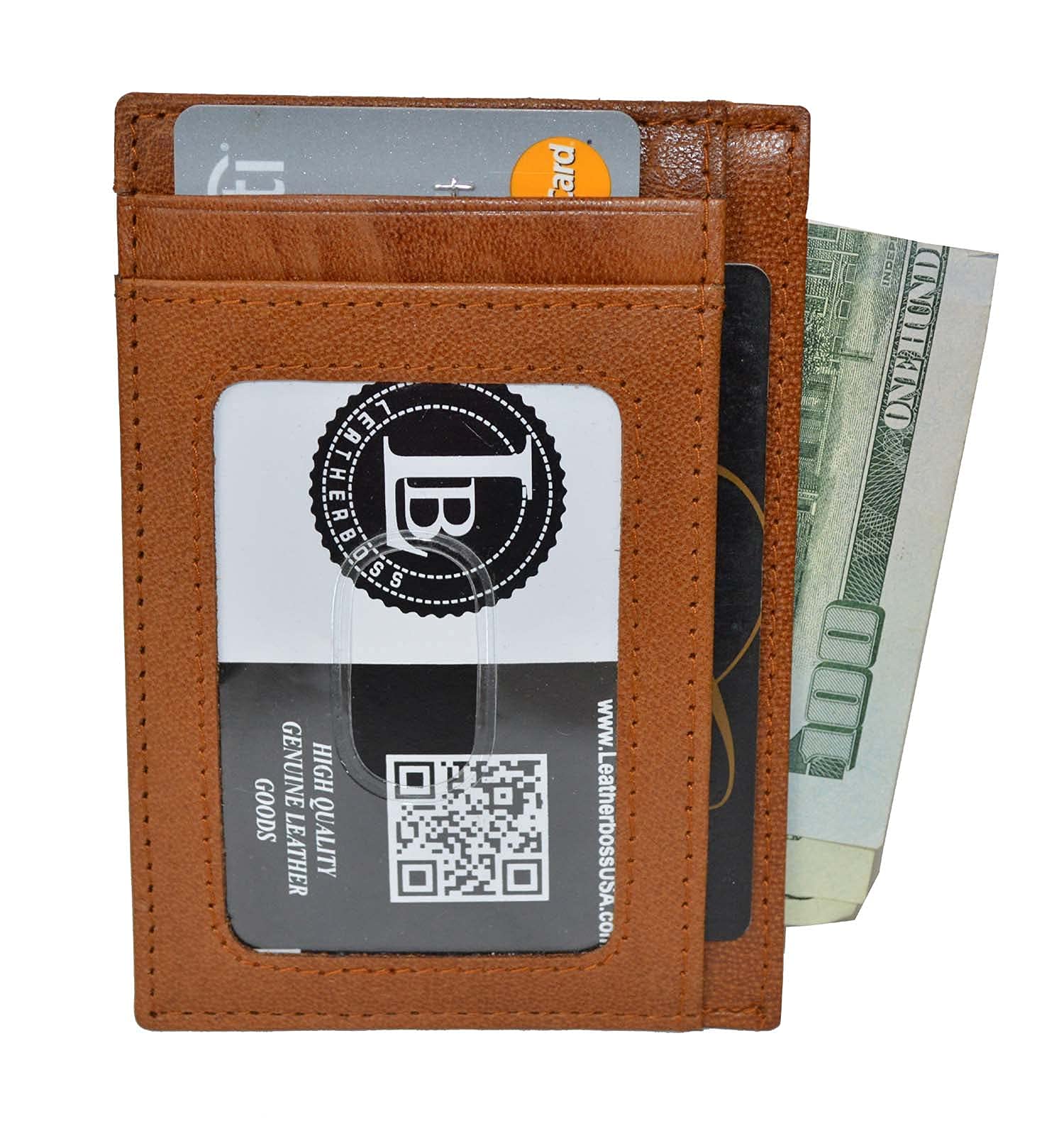 Leatherboss Genuine Leather Slim Credit Card Holder Wallet with ID Window Gift for Husband