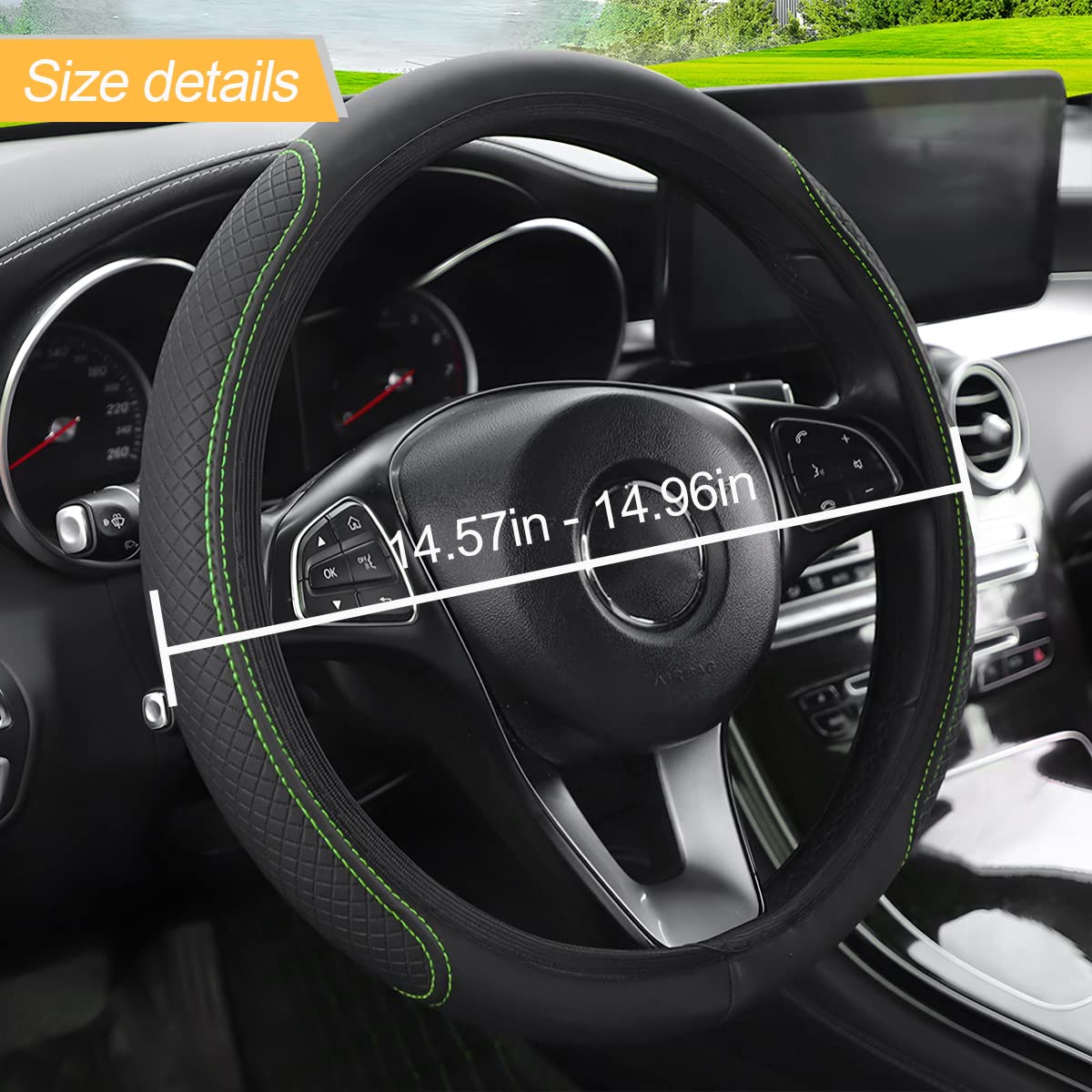 LoyaForba Leather Car Steering Wheel Cover, Elastic Breathable Anti-Slip Steering Wheel Protector, Car Interior Accessories for Men Women, Universal 15 Inch for Most Cars (Black/Green)