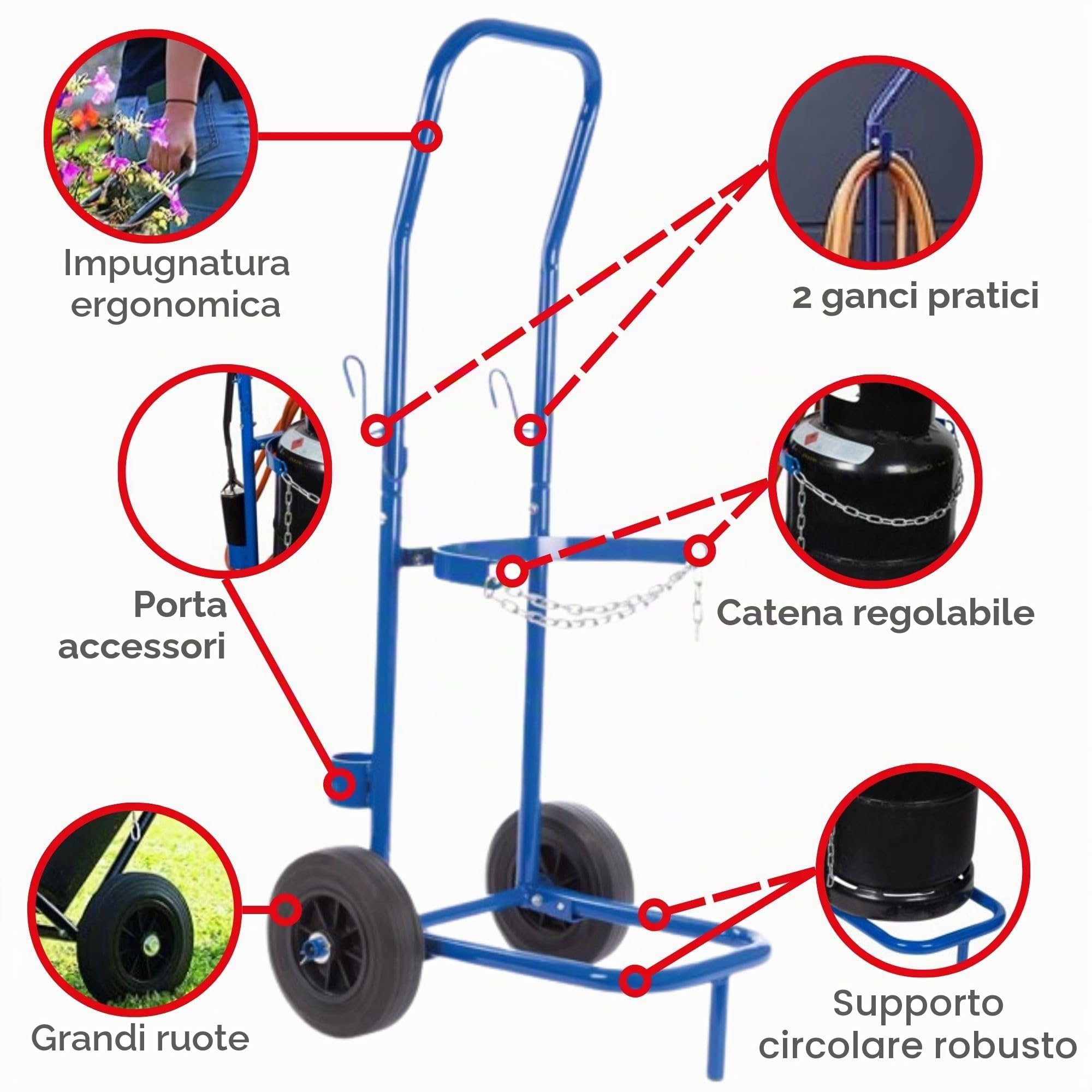 Toolland Carrello per bombole di gas blu portata 100 kg catena di sicurezza regolabile telaio in acciaio inox grandi ruote da 20 cm adatto per bombole di propano butano fusti di birra uso interno ed