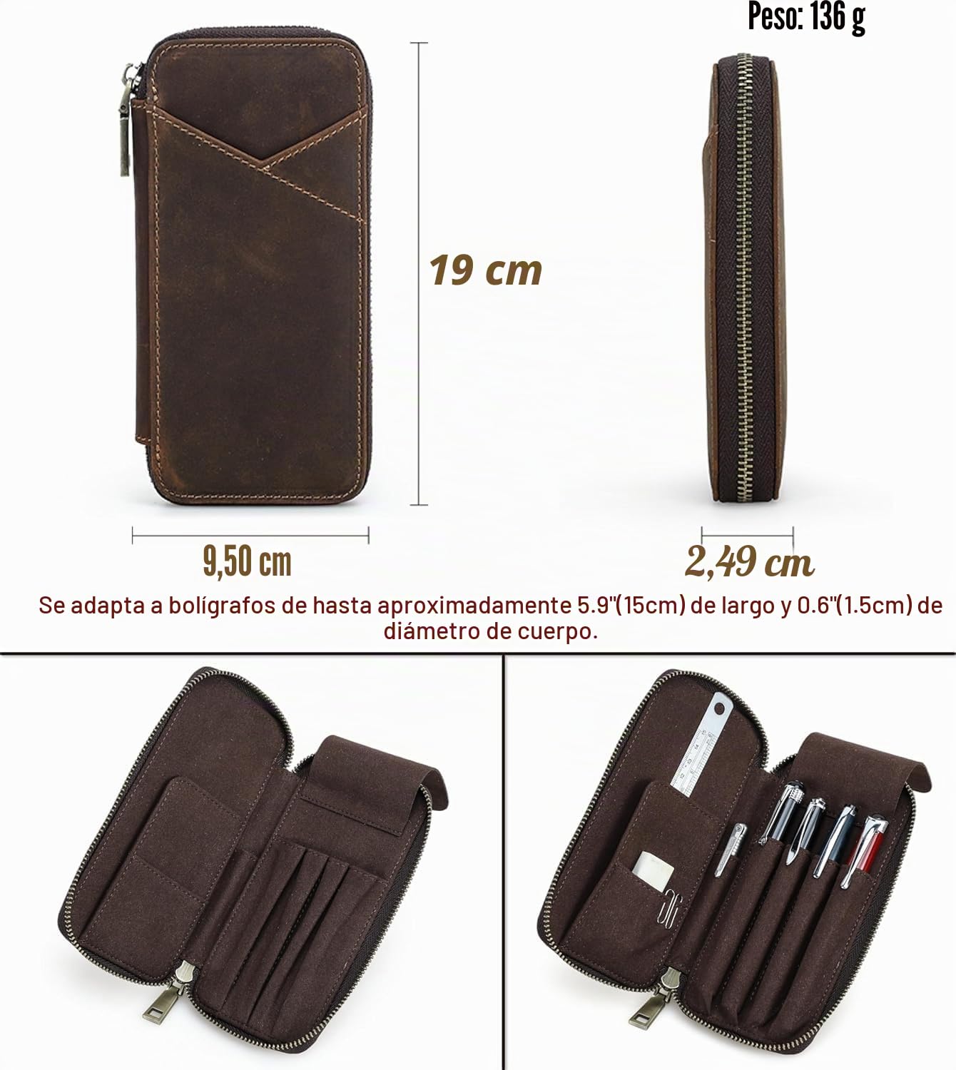 Contacts Estuche de piel auténtica hecho a mano, soporte vintage para bolígrafos, funda protectora para viajes, elegante accesorio de escritorio, caja organizadora de lápices, marrón oscuro, 19 cm x