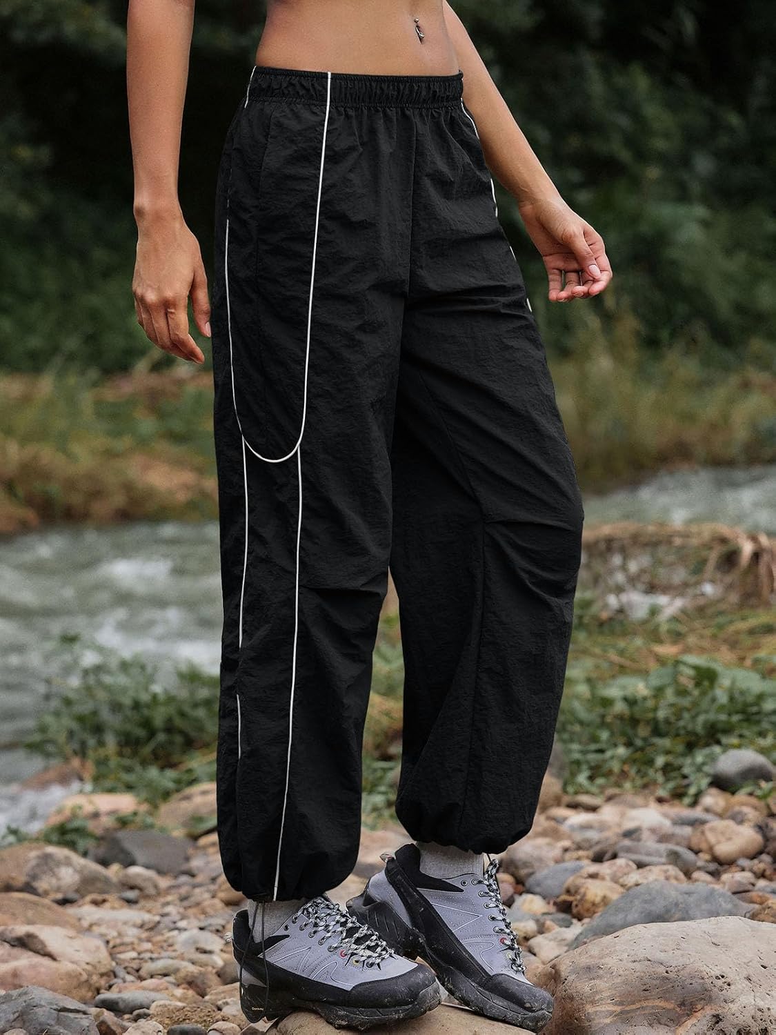 Yousify Womens Baggy Parachute Pants Wide Leg Elastic Waisted Contrast Track Pants Y2K Hiking Jogger Sweatpants with Pockets - Image 4