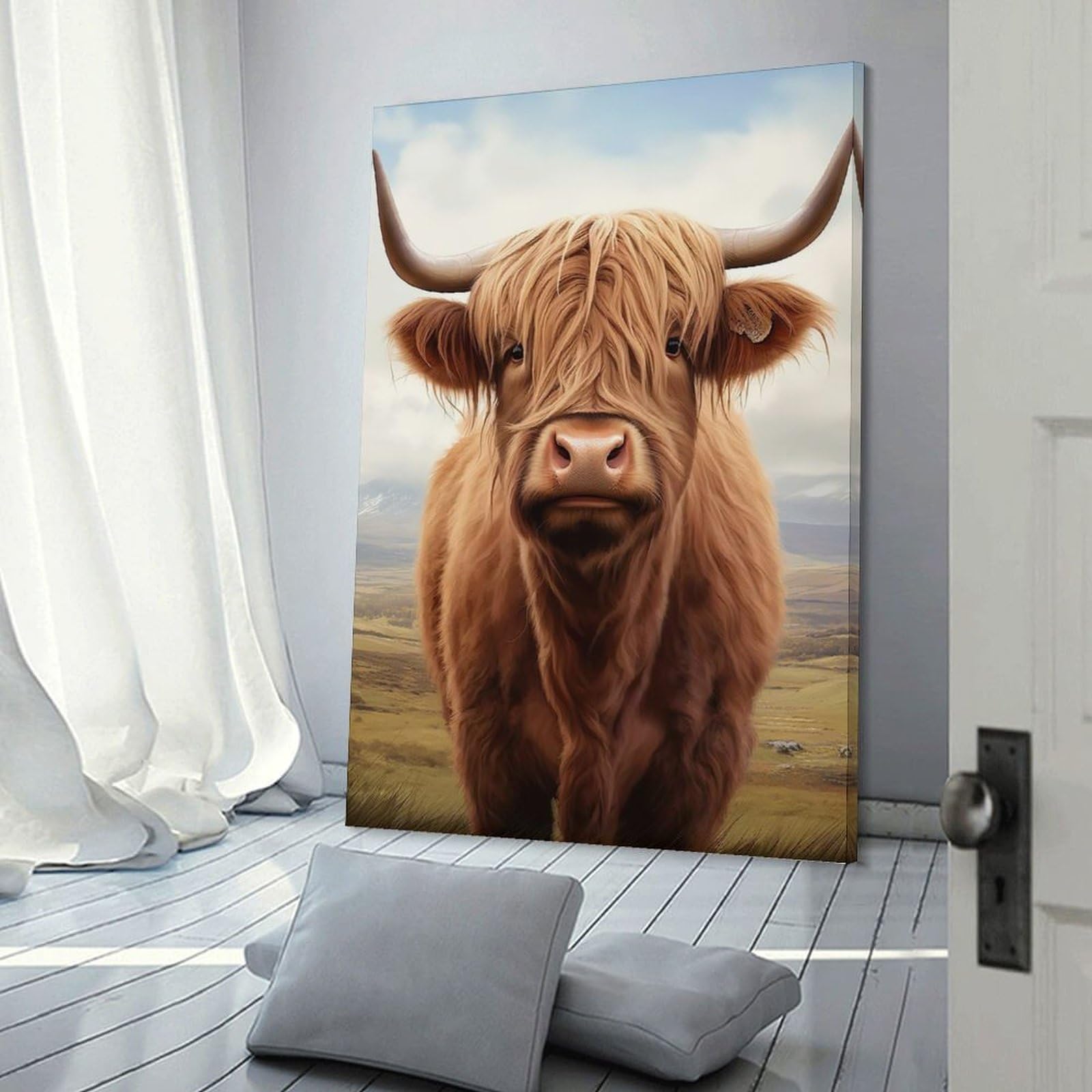 Junmoney Portrait For Highland Cow Decorative Canvas Print, 24x36inch(60x90cm), for Contemporary Homes, Apartments Or Offices, Home Artwork for Modern Interiors