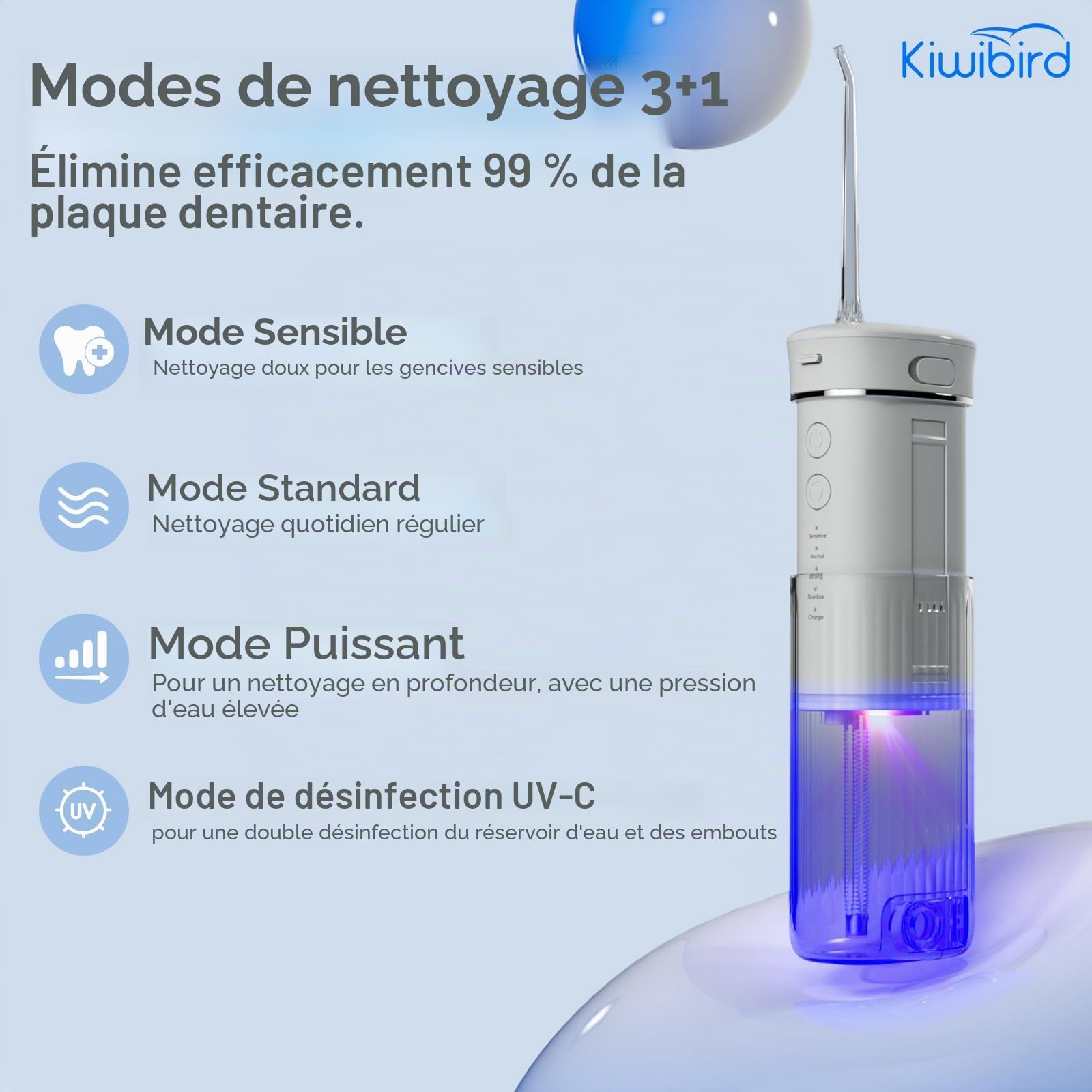 KIWIBIRD Mini hydropulseur pour voyage, irrigateur buccal sans fil ultra-portable avec lumière UVC, étanchéité IPX8, 3 modes, nettoyeur de dents de 230 ml pour soins des pierres amygdales et des