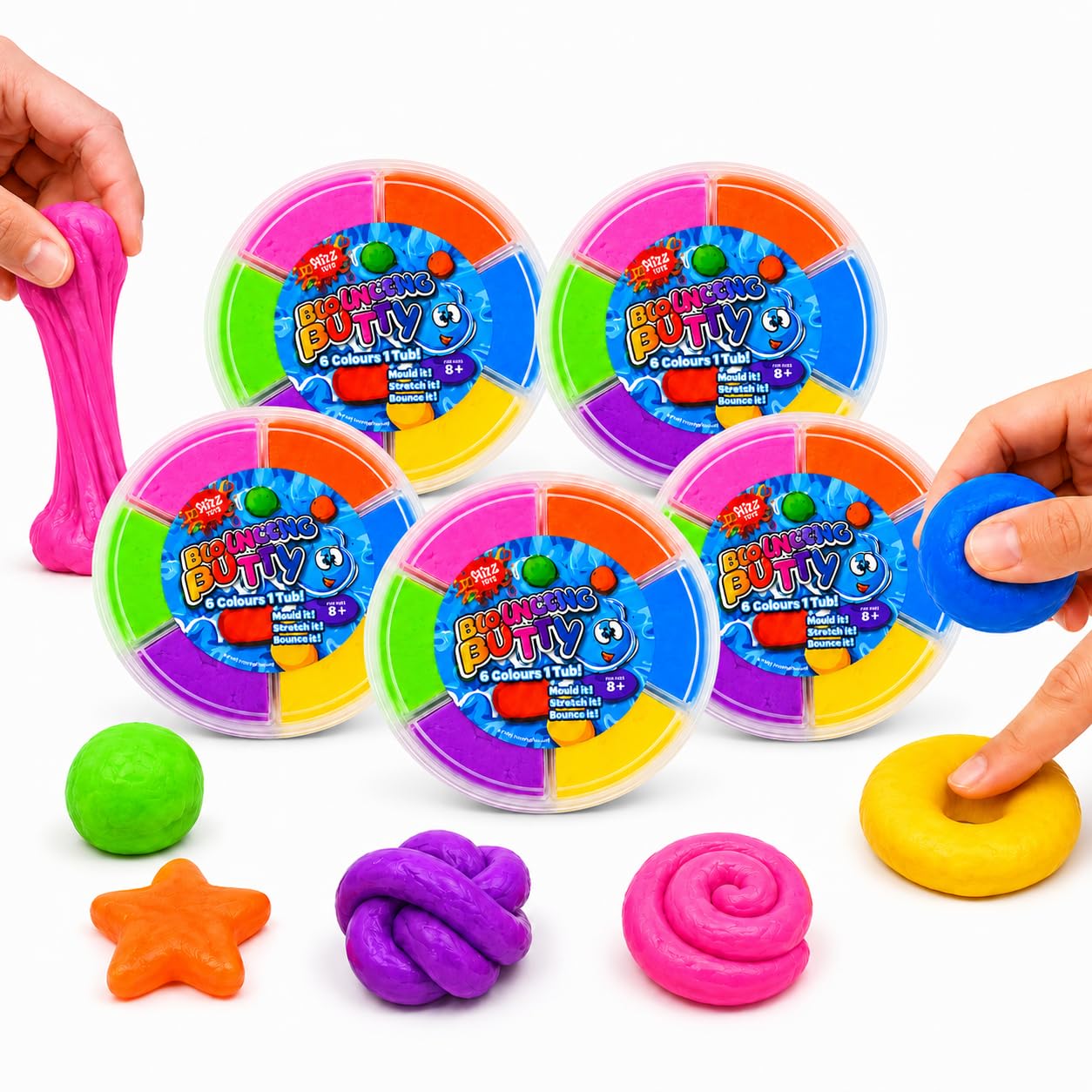 5x Wizz Toys 6 Section Bouncing Putty 90g Tubs,6 Bright Colour Each Portions, Stretchable Mouldable Bouncy Sensory Modelling Putty Sets in Reusable Storage Tubs for Kids Aged 8+