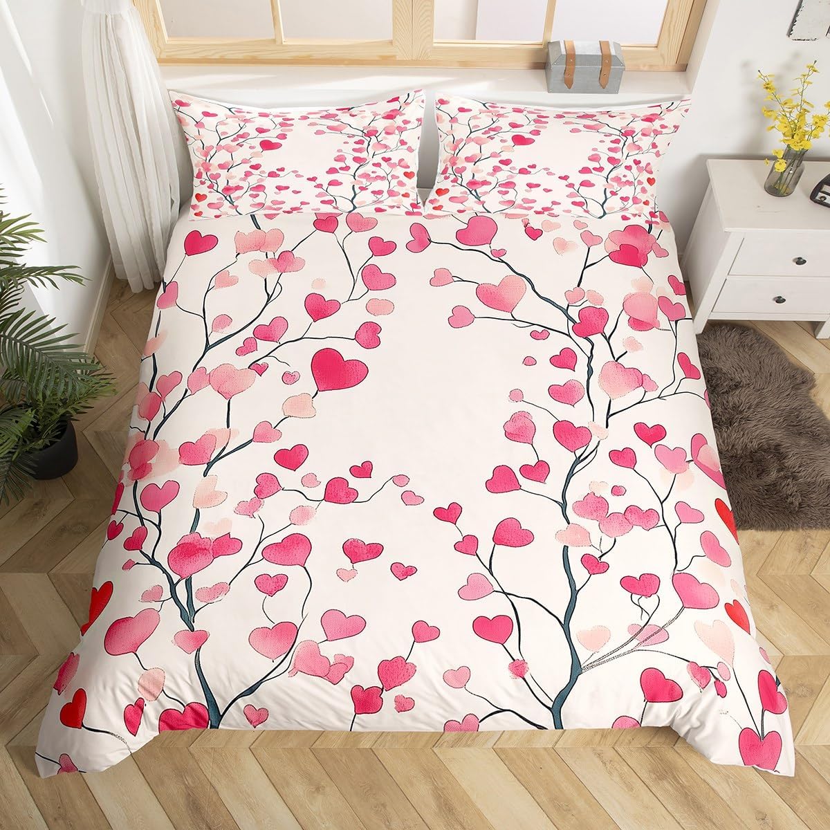 jejeloiu Day of Love Bedding Duvet Cover Set Toddler Size Kids Valentines Theme Bedding Set Heat Love Comforter Cover Set for Room Decor Romantic Botanical Tree Pink Bedspread Cover,No Comforter