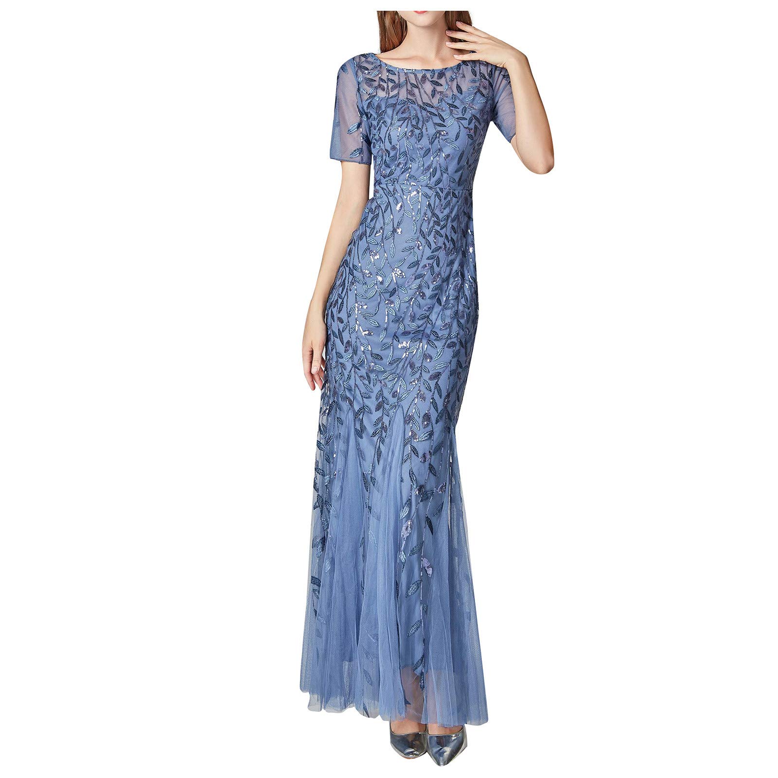 FUPODD Damen Abendkleid Elegant Maxikleid 1920er-Jahre Kleid Mit Pailletten Damenkleid Tüll Partykleid Frauen Kurze Ärmel Kleider Lang Cocktail-Meerjungfrau-Kleid Ballkleid Für Hochzeit Abendkleider