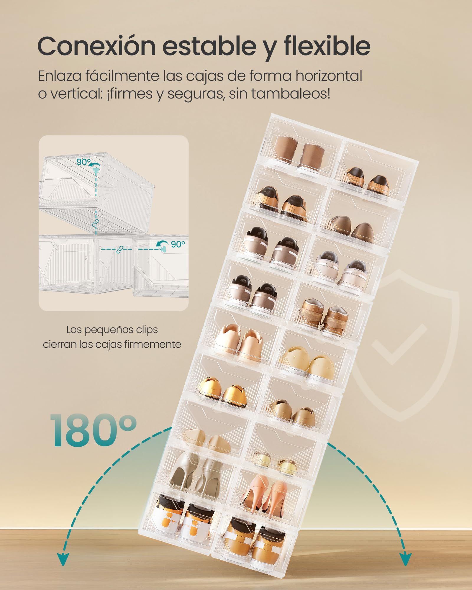 SONGMICS Cajas para Zapatos, Juego de 6, Almacenamiento de Zapatos de Plástico, Apilables y Conectables, con Puerta Magnética, Transparentes, hasta Talla 46, Blanco Nube LSP806WH01
