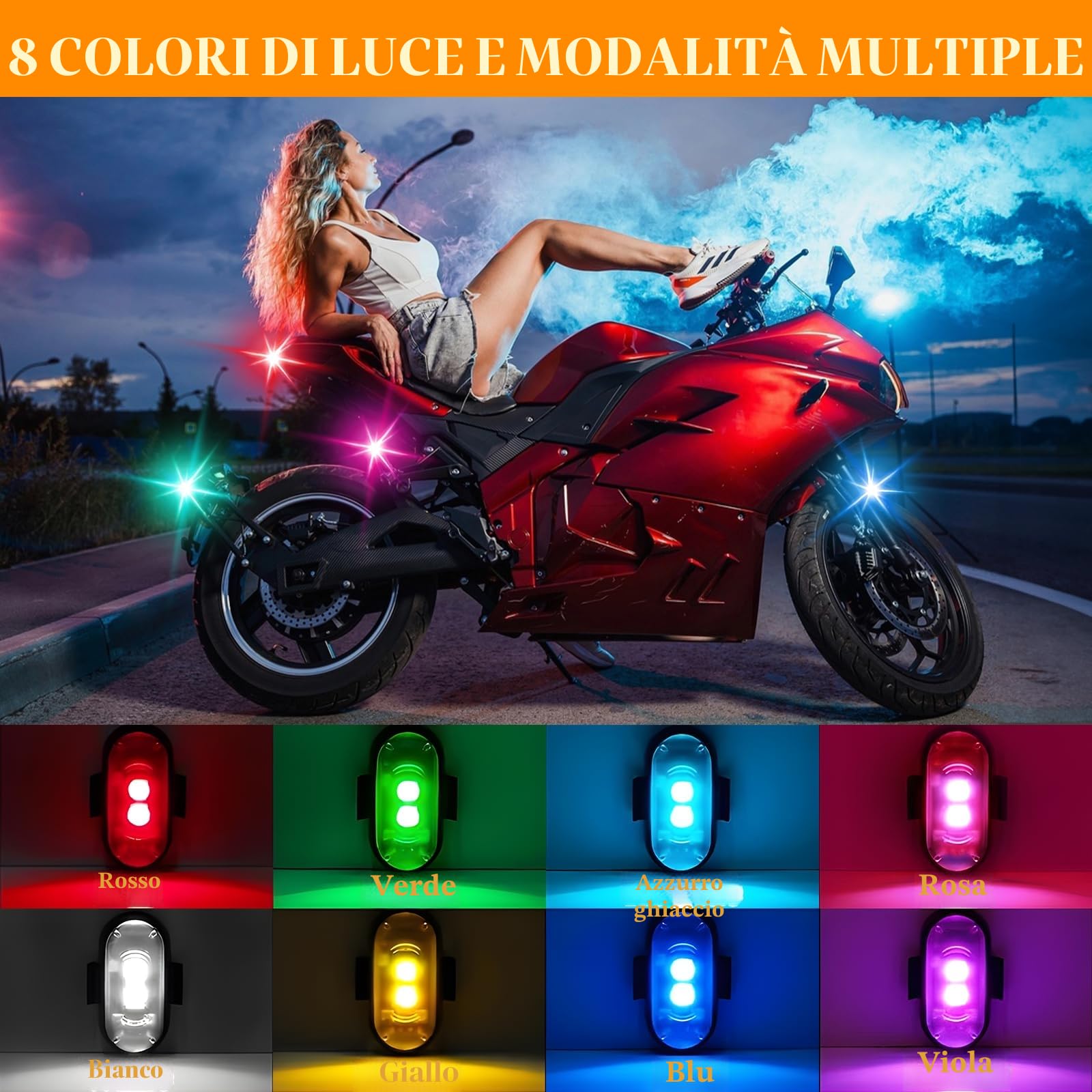 8 Pezzi Luci a LED Senza Fili, Luci Led Moto 8 Colori con Telecomando, Ricarica USB, Impermeabile IP65