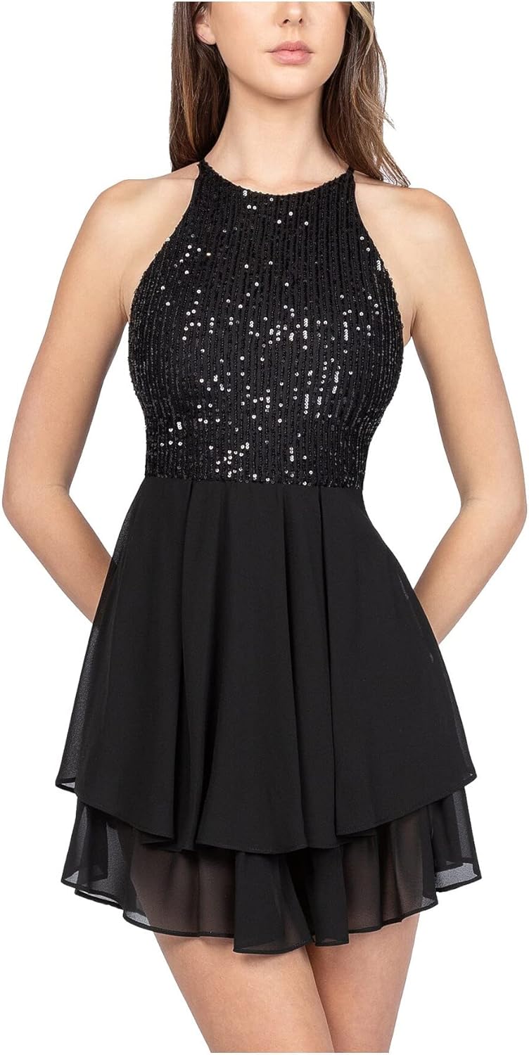 B Darlin Womens Black Sequined Zippered Layered Skirt Button Closure