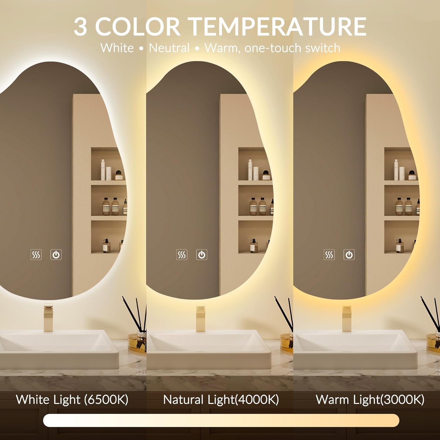 Irregular Bathroom Mirror with Lights, LED Bathroom Wall Mirror with Backlit/Anti Fog/3 Color Dimmable Lighting, Asymmetrical Bathroom Vanity Mirror for Wall, Vertical 36" H x 24" W