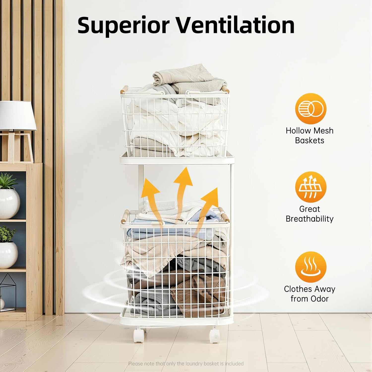 2 Tiers Laundry Basket with Wheels, Rolling Laundry Sorter Baskets Removable Wire Laundry Basket Shelf Stackable Laundry Baskets Laundry Basket Holder Vertical Laundry Sorter for Bedroom