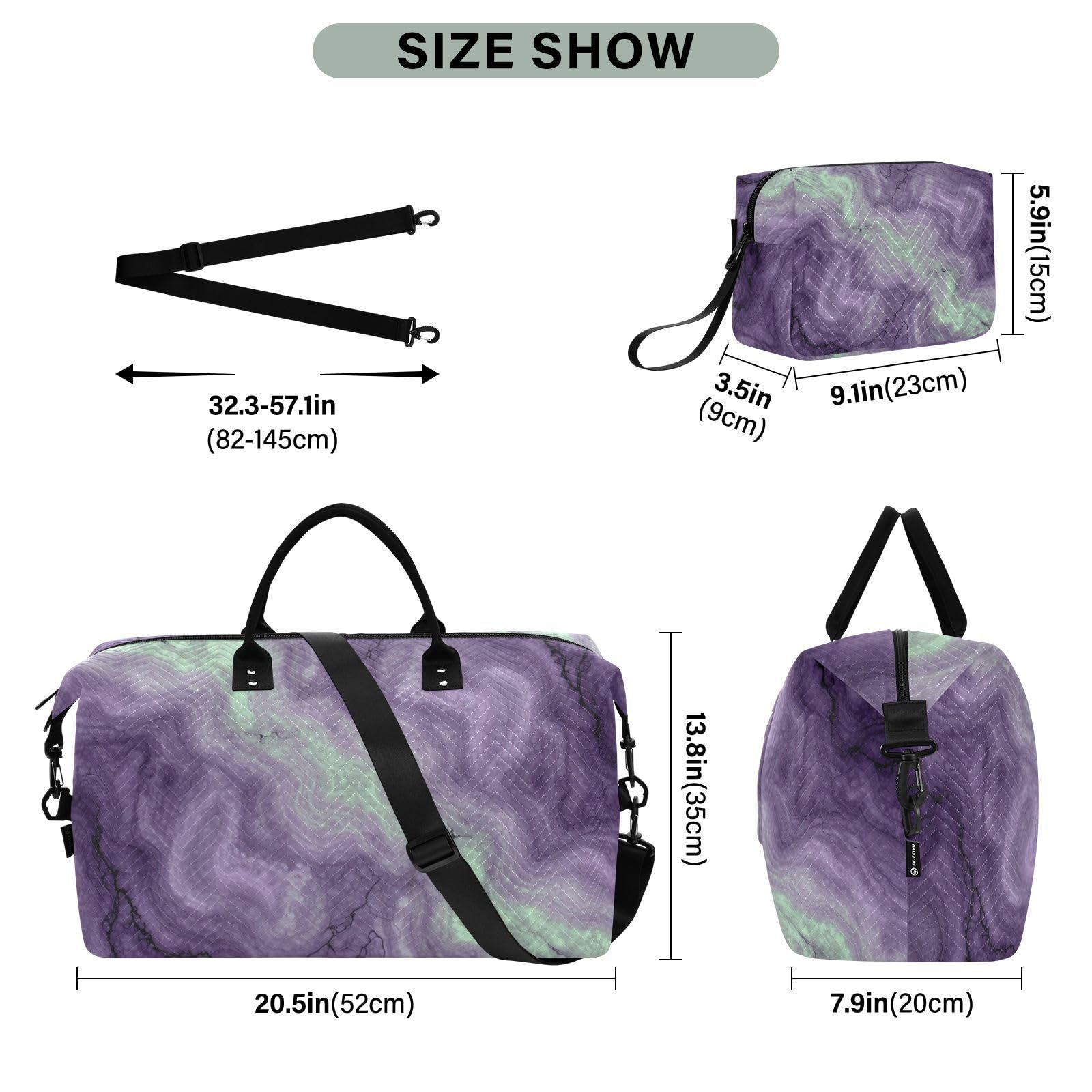 Reisetaschen-Set, 2-teilig, gewellt, gesteppt, Trolleyhülle, geräumig, Urlaub, Reisen, Pflaumenfarbener Marmor, One Size, Klassisch