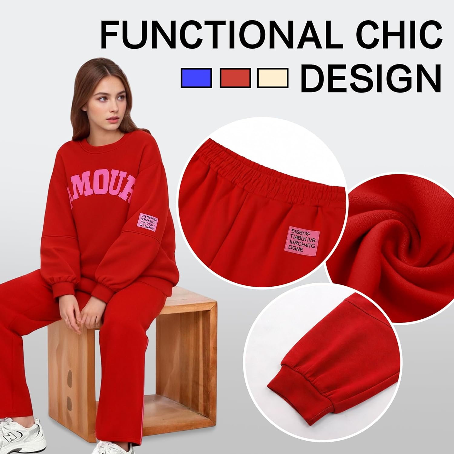 Women’s 2 Piece Lounge Sets, Fall Workout Sets with Long Sleeve Tops & Wide Leg Sweatpants - Image 4