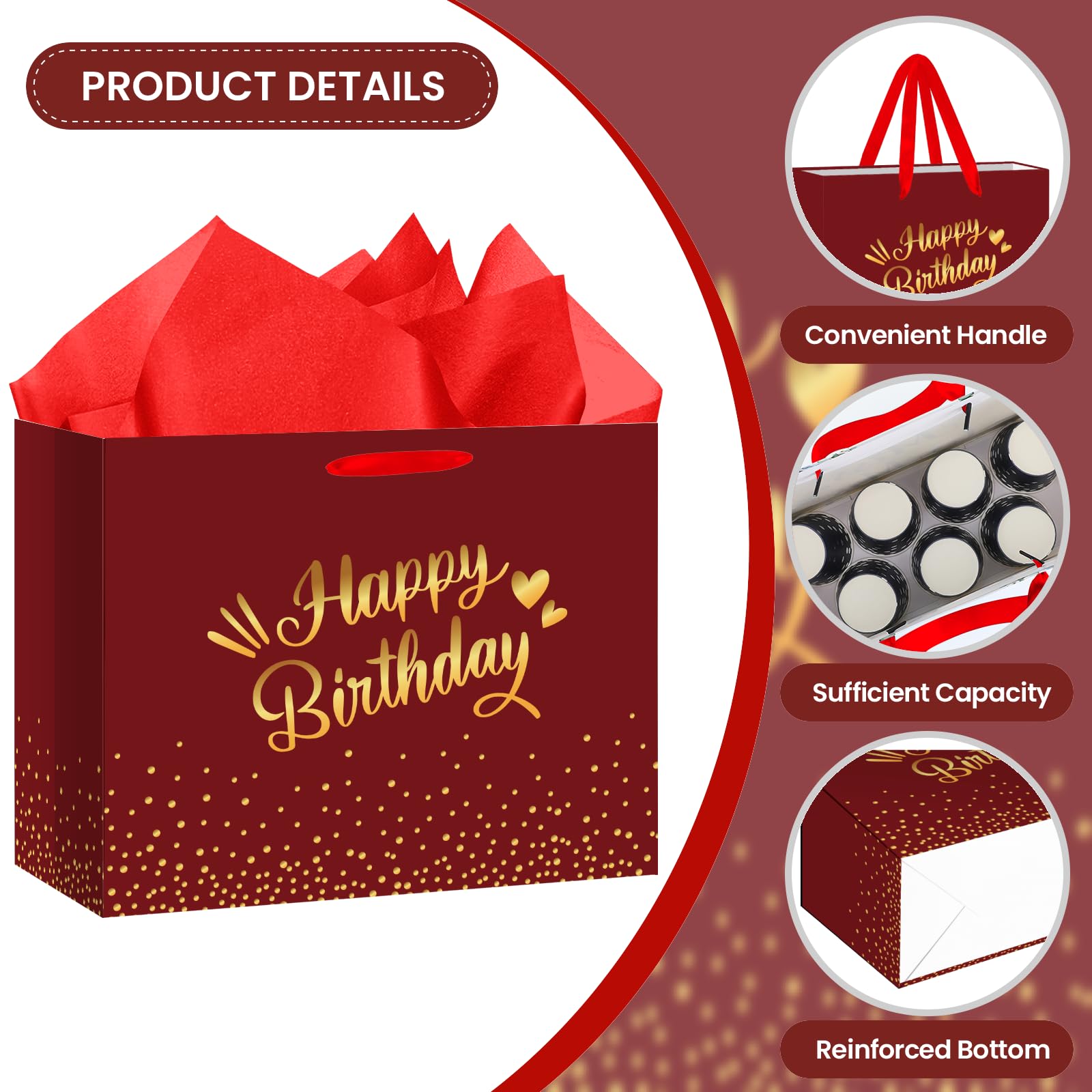 Burgundy Birthday Gift Bag with Tissue Paper Card Large Red Gold Foil Happy Wrapping Paper Bag Elegant Present Bags for Adult Women Men Mum Dad Milestone Birthday Supplies Premium Party Favors Decor