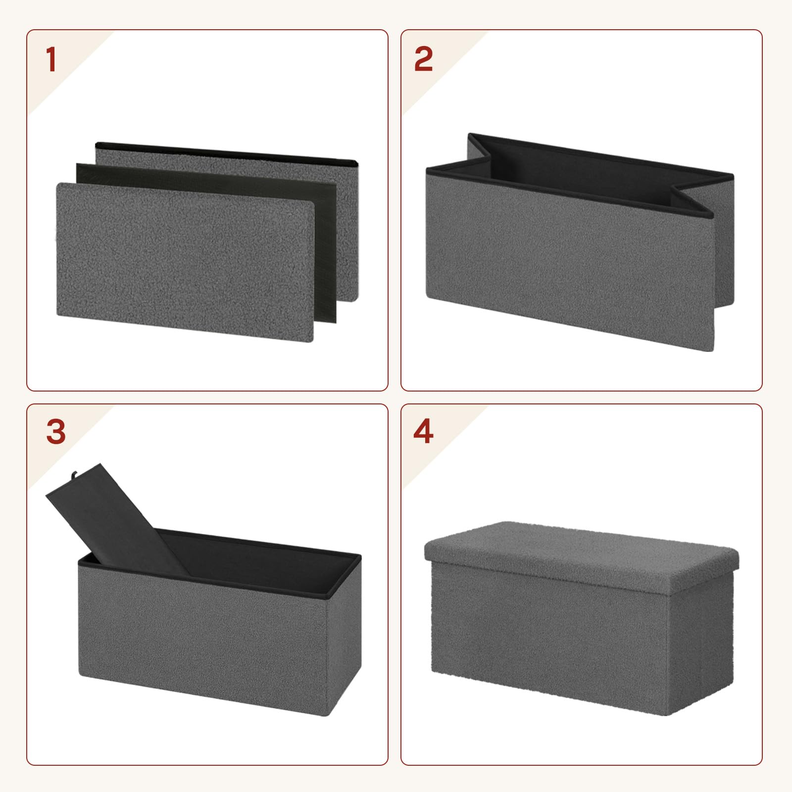 WOLTU Taburete Almacenaje Plegable, Baúl Almacenamiento, Taburete Puff Reposapiés para Sofá y Cama, con Tapa Extraible, Tapizado en Tela Polar Teddy, 80 L, 76x38x37 cm, Gris Oscuro