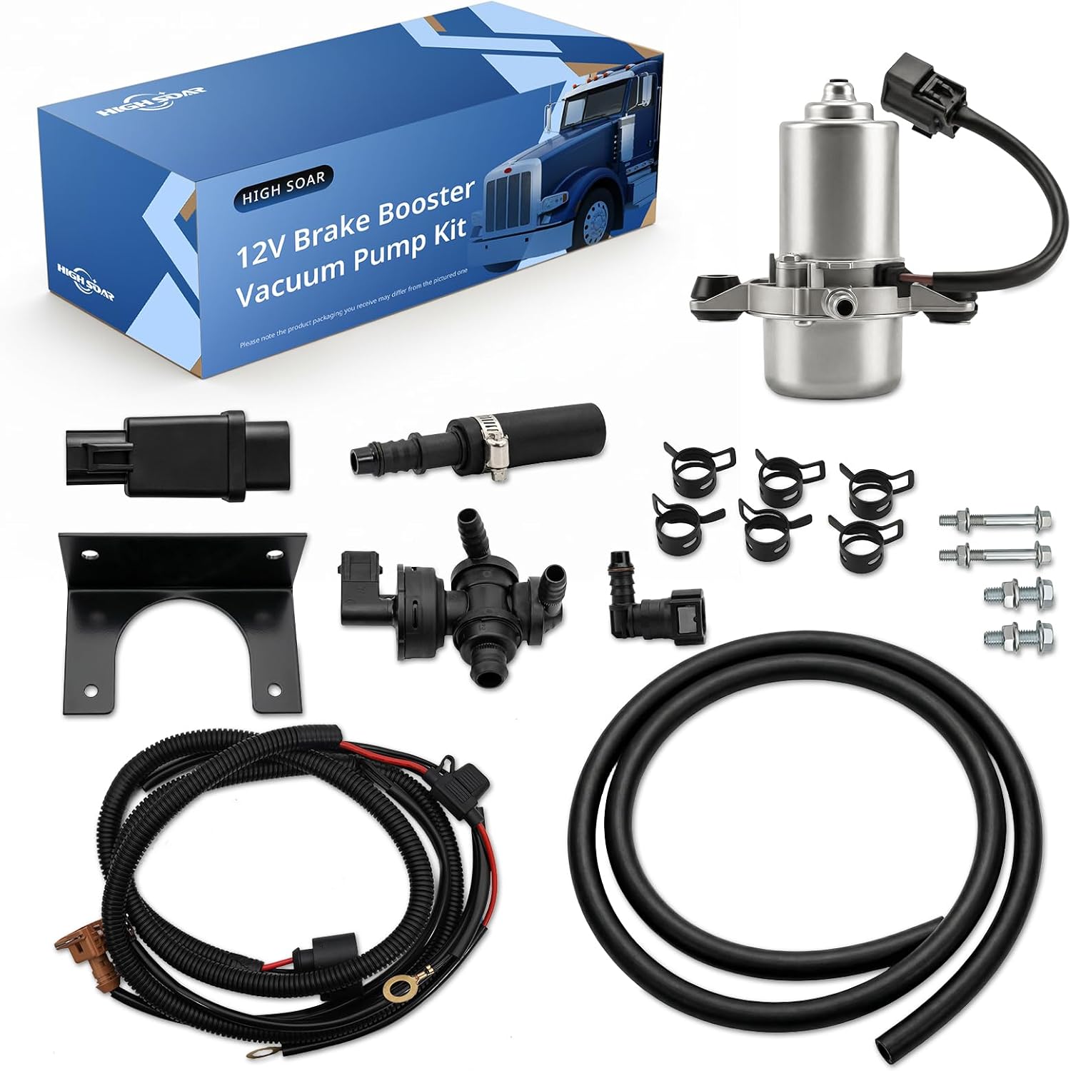 12V Brake Booster Vacuum Pump Kit with Installation Accessories Universal High-Performance 18'' to 25'' Electric Vacuum Pump for Brake Booster EVP28