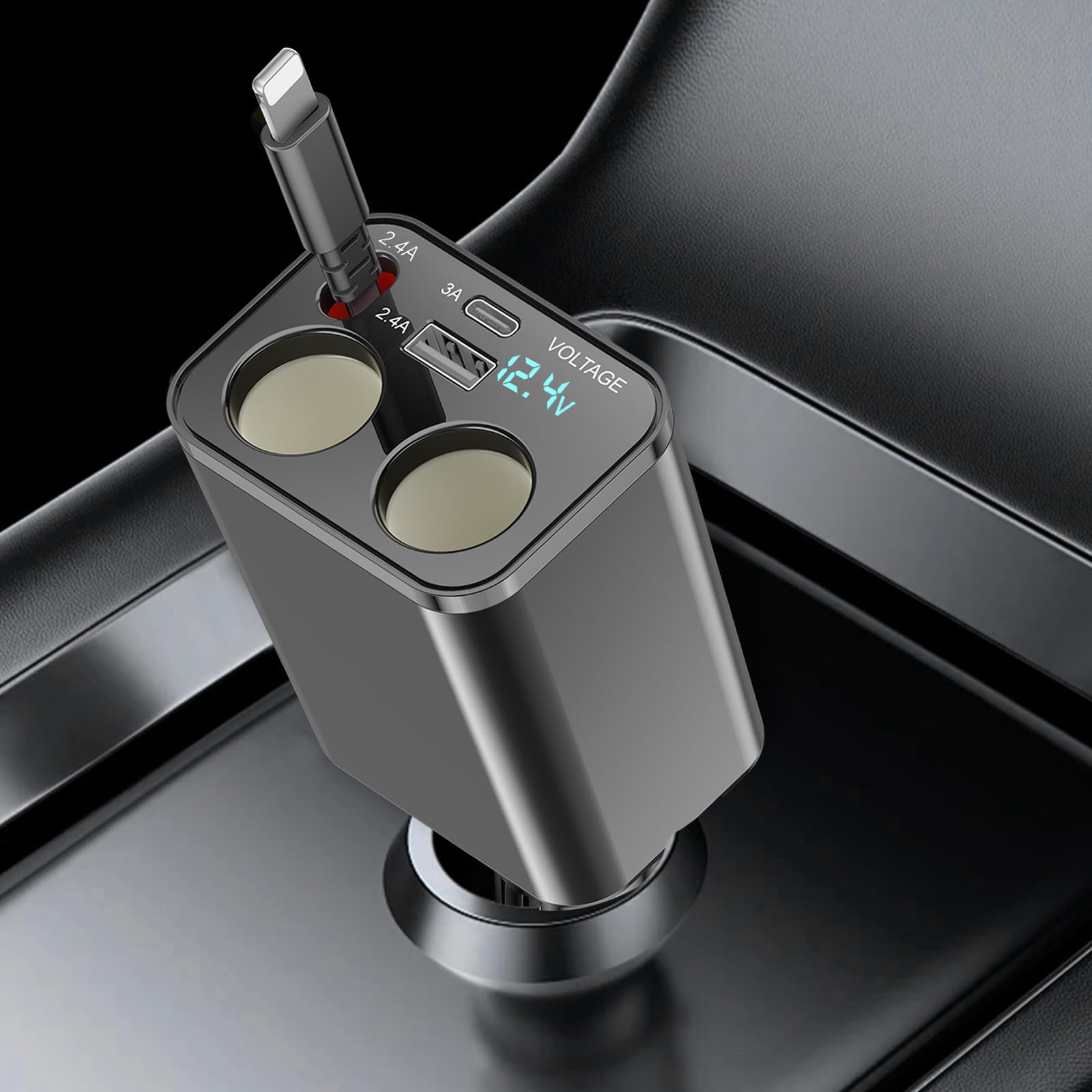 5 in 1 Retractable Car Charger, Fast Charging Cigarette Lighter Splitter with Cord 2.6ft, Dual USB Ports, 2 Sockets Cigarette Lighter Adapter for iPhone 14/13/12/11 Galaxy Pixel GPS Dash Cam