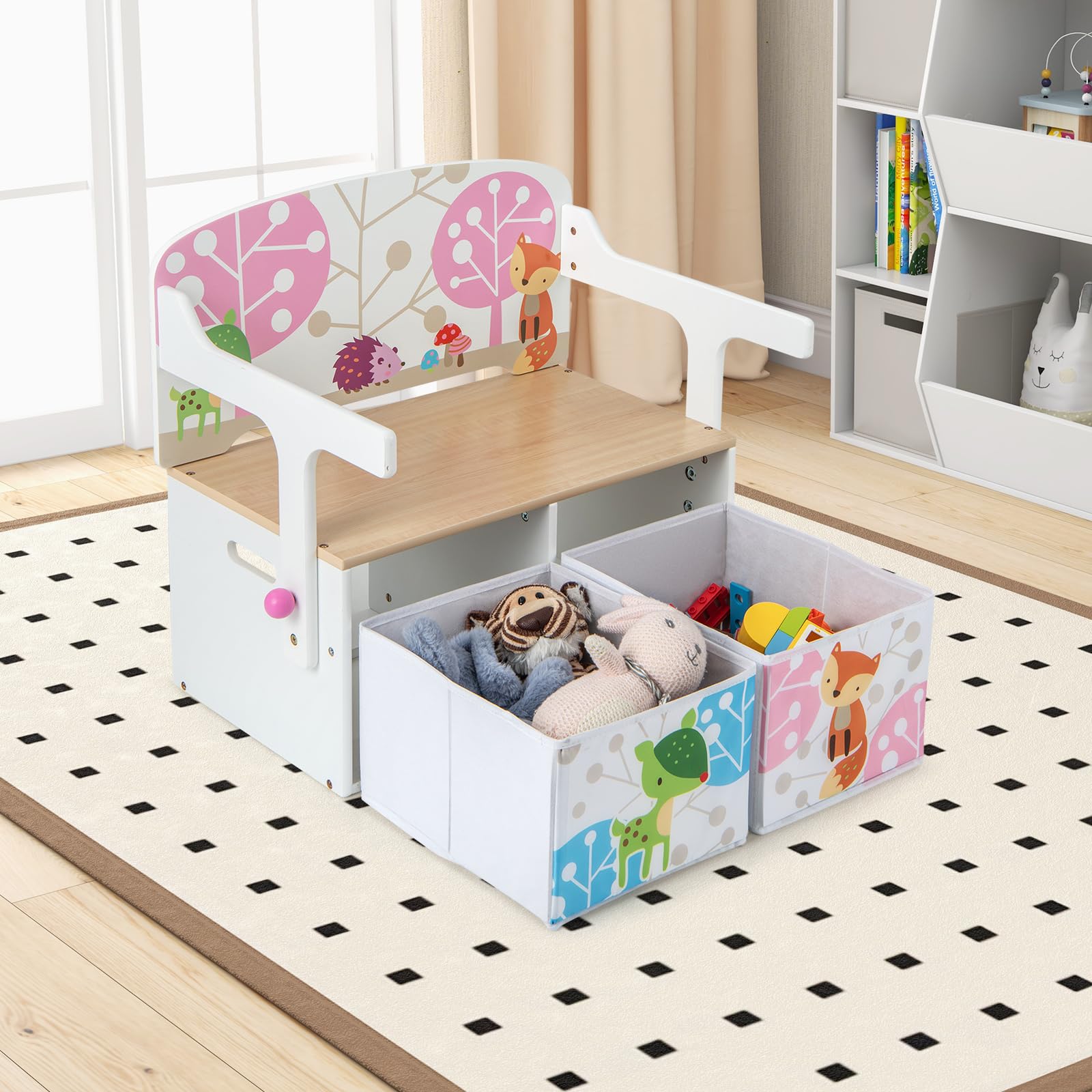 FANTASK 3 in 1 Kinderbank, Kinder Tisch Stuhl Set mit 2 Stoffboxen, Kindersitzgruppe mit Stauraum & Armlehenen für Kinderzimmer (Weiß)