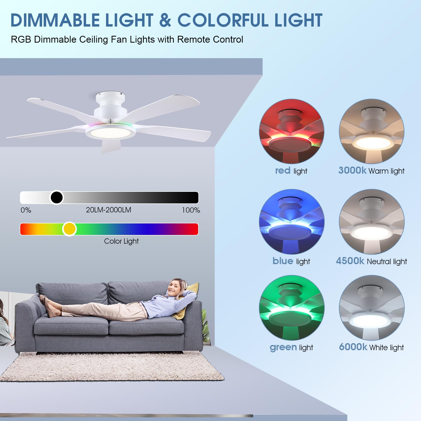 Kviflon RGB Deckenventilator mit Fernbedienung, Leise DC Motor, Umkehrbar, Dimmbar LED, 132cm Deckenventilatoren für Schlafzimmer Wohnzimmer, Weiß