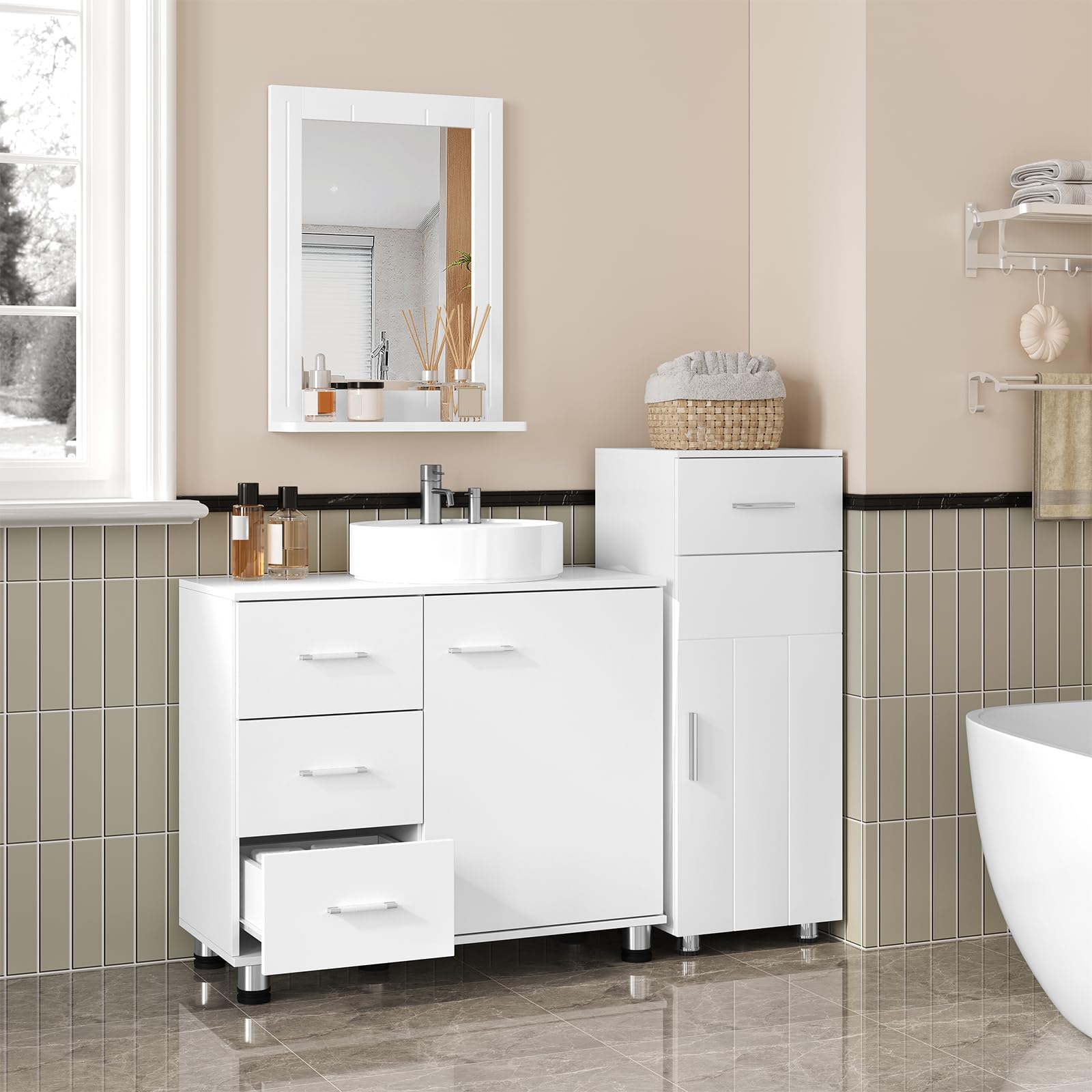 EUGAD Armario de Baño, Mueble Auxiliar Baño con 3 Cajones, Mueble Bajo Lavabo, Estante Ajustable, Blanco, 5 Patas Robustas, 70x60x30 cm