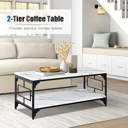 Miniatura 7 de Yongchuang Mesa auxiliar rectangular mármol sintético blanco de 42 pulgadas con estante de almacenamiento mesa de centro de metal de madera de 2