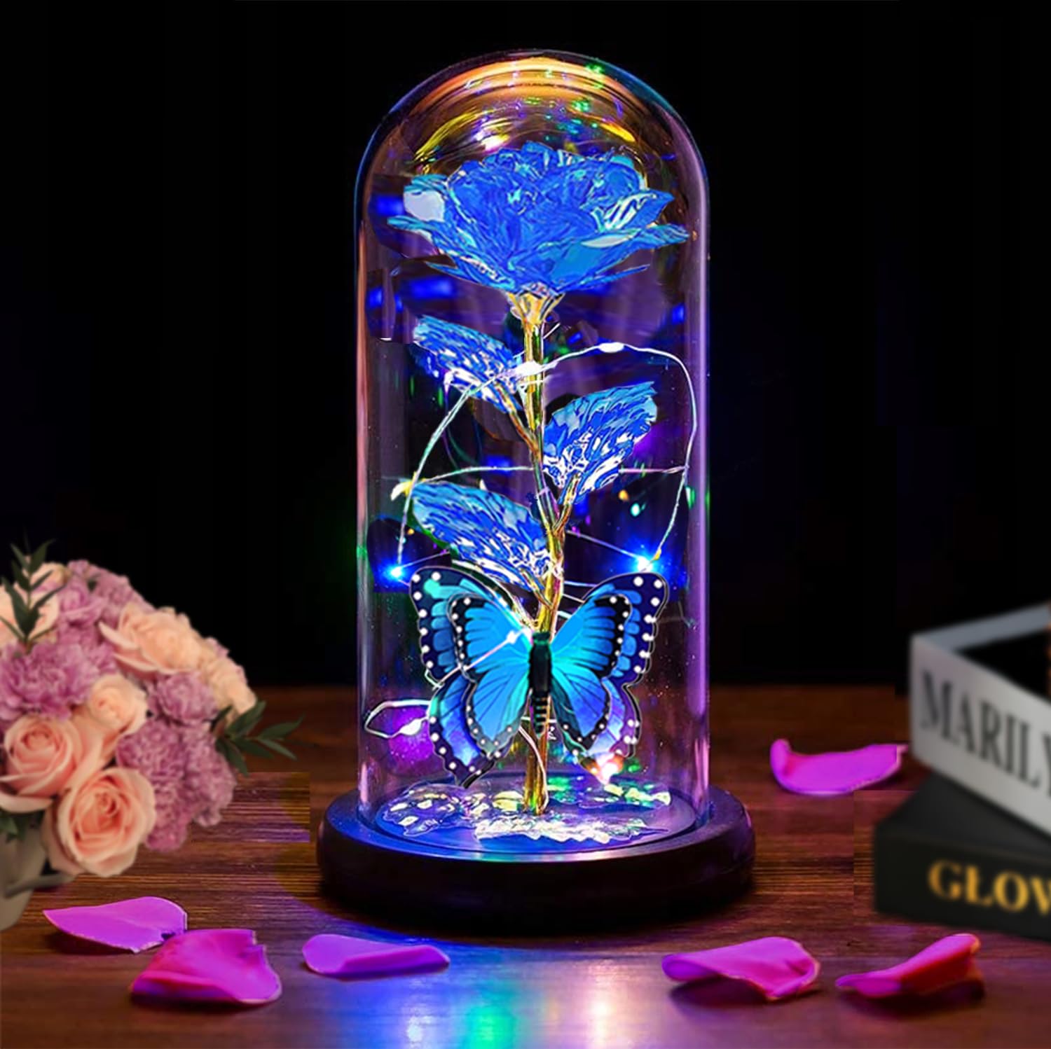 Galaxy Rose In Glass Dome With LED Light - Eternal Forever Flower Gift For Mom, Wife, Birthday & Anniversary