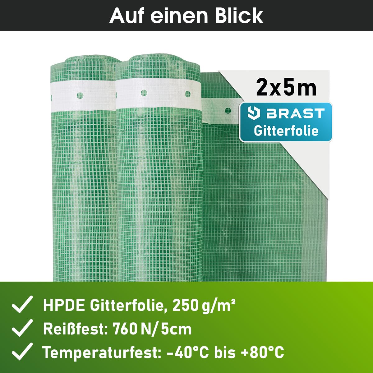 BRAST Gitterfolie Gewächshausfolie 250 g/m² | 20 Größen | Breite: 1,5–4m | Länge: 5–15m | Grün | verstärkter Nagelrand | UV-beständig lichtdurchlässig witterungsbeständig wasserdicht | 2x5m