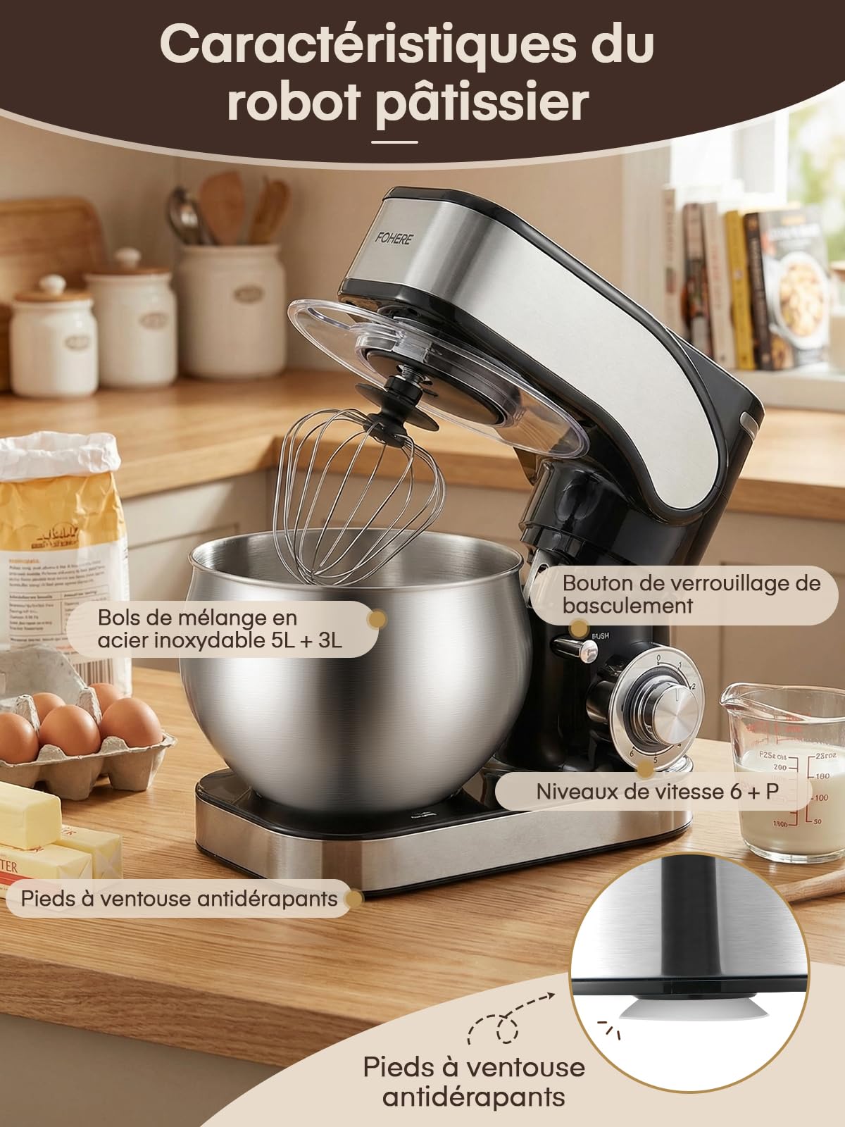 Robot Pâtissier avec 5L + 3L Bols en Acier Inoxydable, Crochet Pétrisseur Renforcé, 1300W Robot Pâtissier Professionnel, 6+P Vitesses Pétrin, Crochet à Pâte, Batteur Plat & Fouet pour Pâtisserie Mai