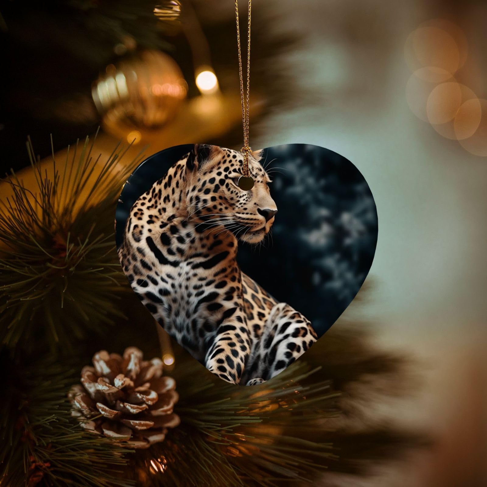 Christmas Tree Ornaments Ceramics Christmas Decorations A Leopard Sits Ornaments with Gold Ribbon Porcelain Xmas Tree Crafts Heart Shape Hanging Pendant for Christmas Tree Party Decor