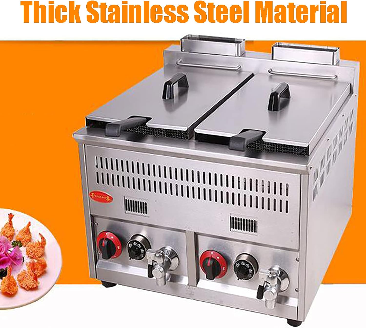 Commercial Gas Deep Fryer Countertop Stainless Steel Deep Fat Fryer with Drain, Temperature Control And Temperature Limiter, Easy to Clean ()