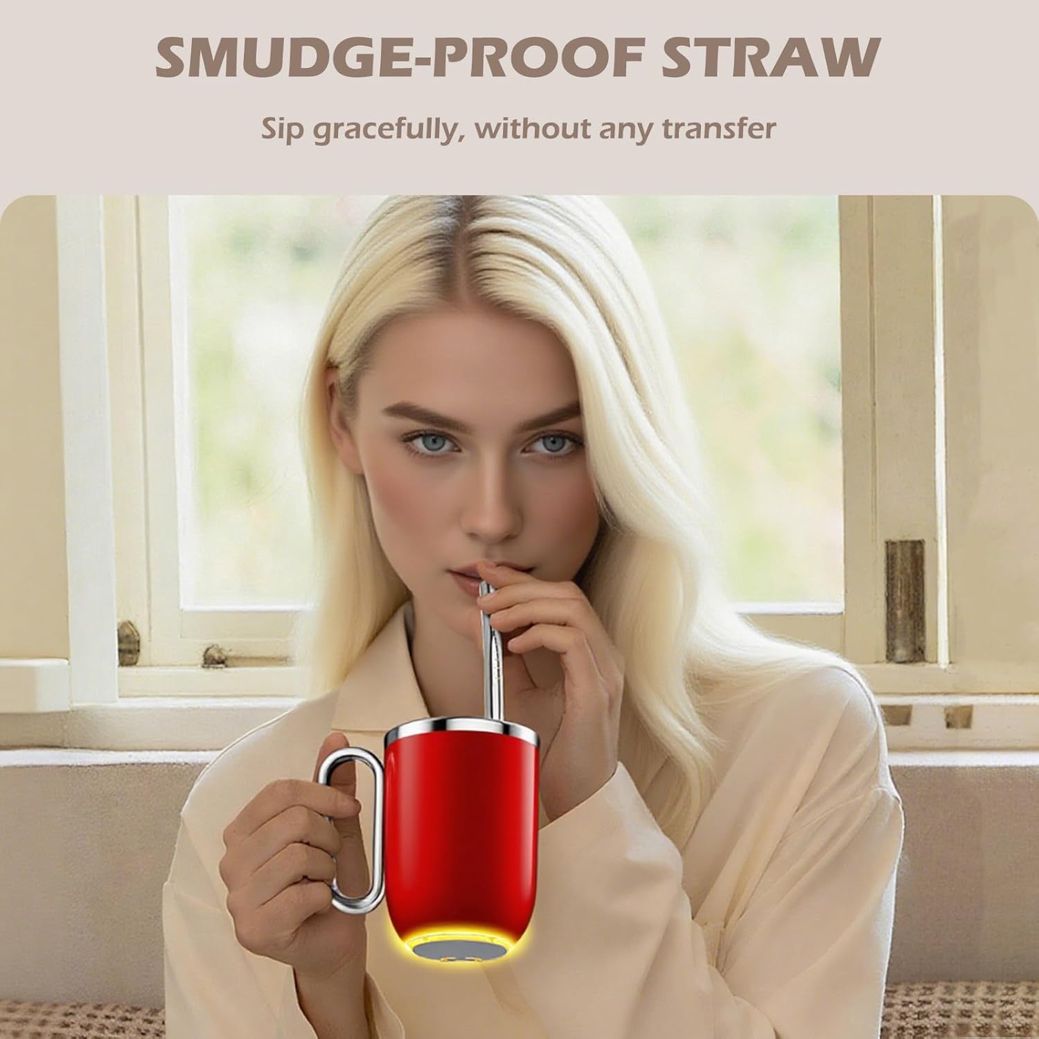 Self Stirring Mug - 4-Color Temp Display Magnetic Electric Auto Mixing Stainless Steel Cup with Straw & Lid For Office/Kitchen/Home/Coffee/Milk- 14.2oz/420ml(Red) - Image 6